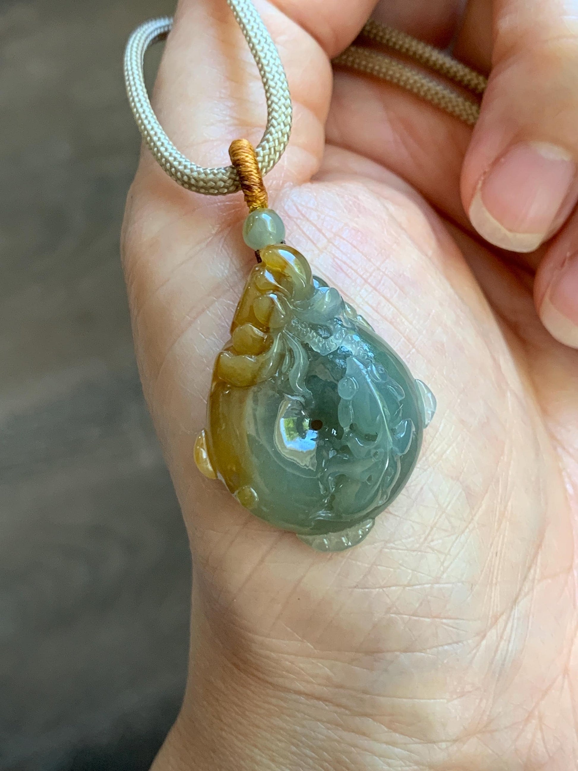 Certified Natural Grade A Icy Translucent Bicolored Jade Jadeite Lotus & Goldfish Ping An Kou Donut Pendant Rope Necklace 天然冰胶翡翠莲花鱼平安扣吊坠 449