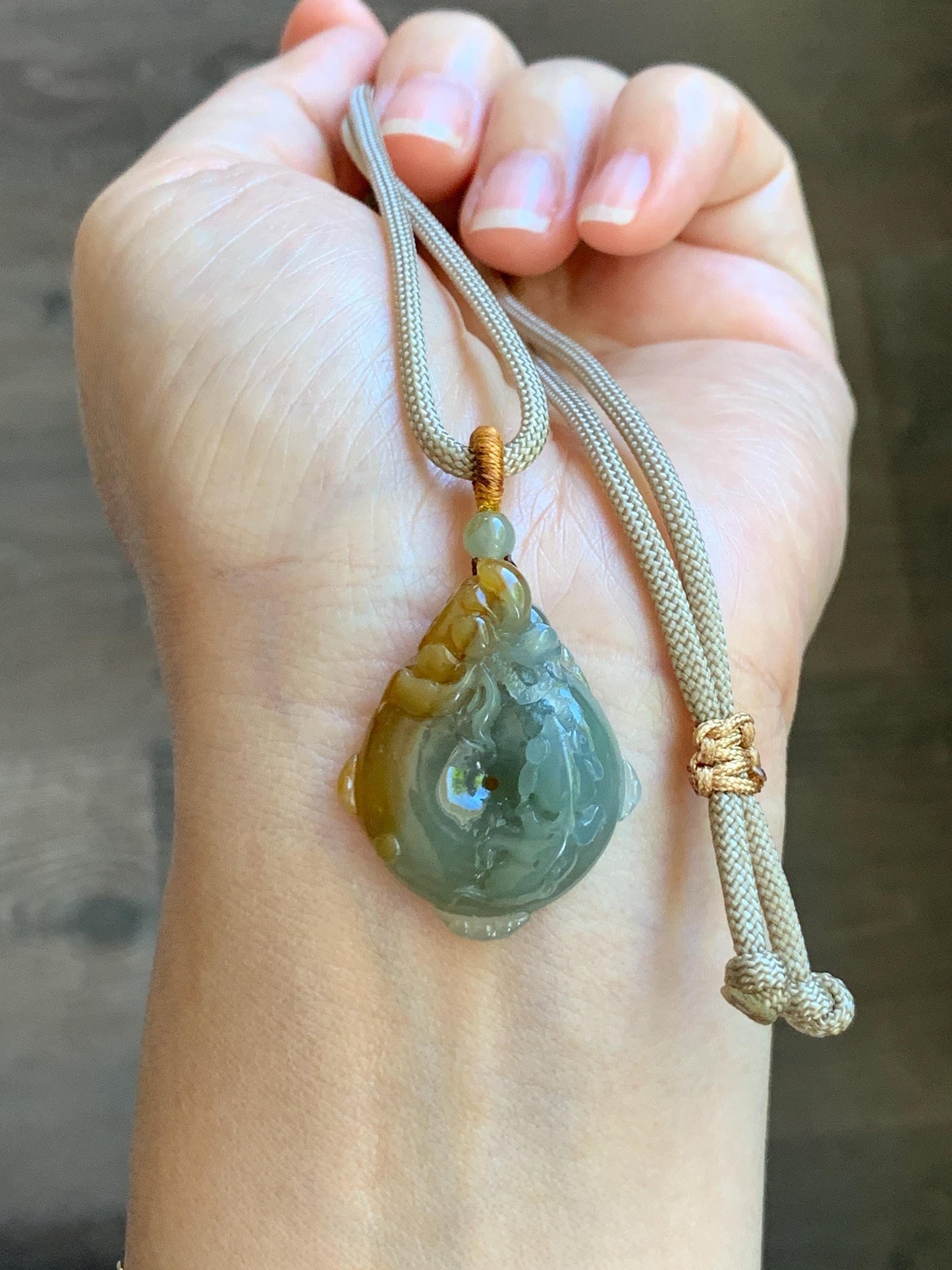 Certified Natural Grade A Icy Translucent Bicolored Jade Jadeite Lotus & Goldfish Ping An Kou Donut Pendant Rope Necklace 天然冰胶翡翠莲花鱼平安扣吊坠 449