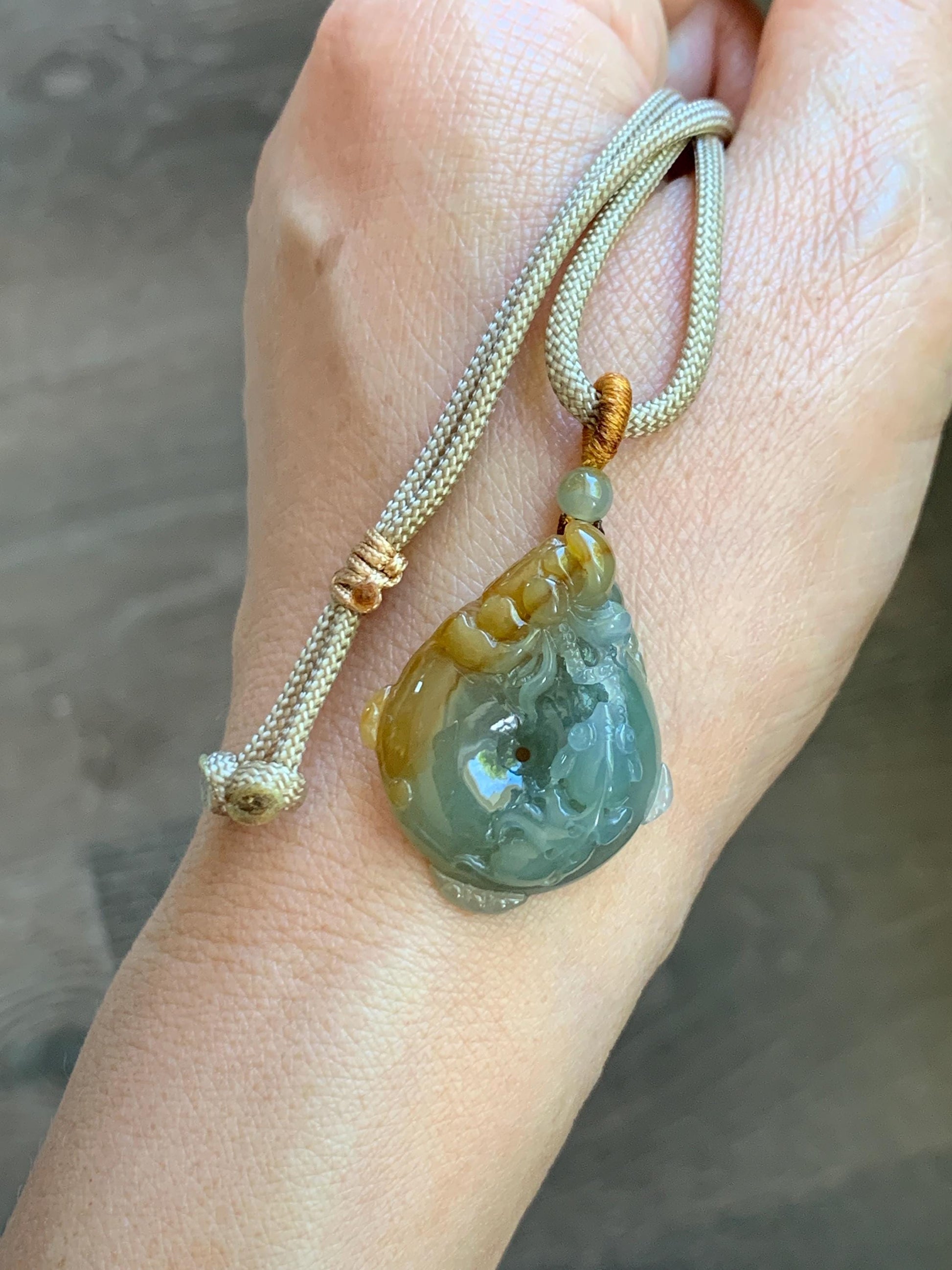 Certified Natural Grade A Icy Translucent Bicolored Jade Jadeite Lotus & Goldfish Ping An Kou Donut Pendant Rope Necklace 天然冰胶翡翠莲花鱼平安扣吊坠 449
