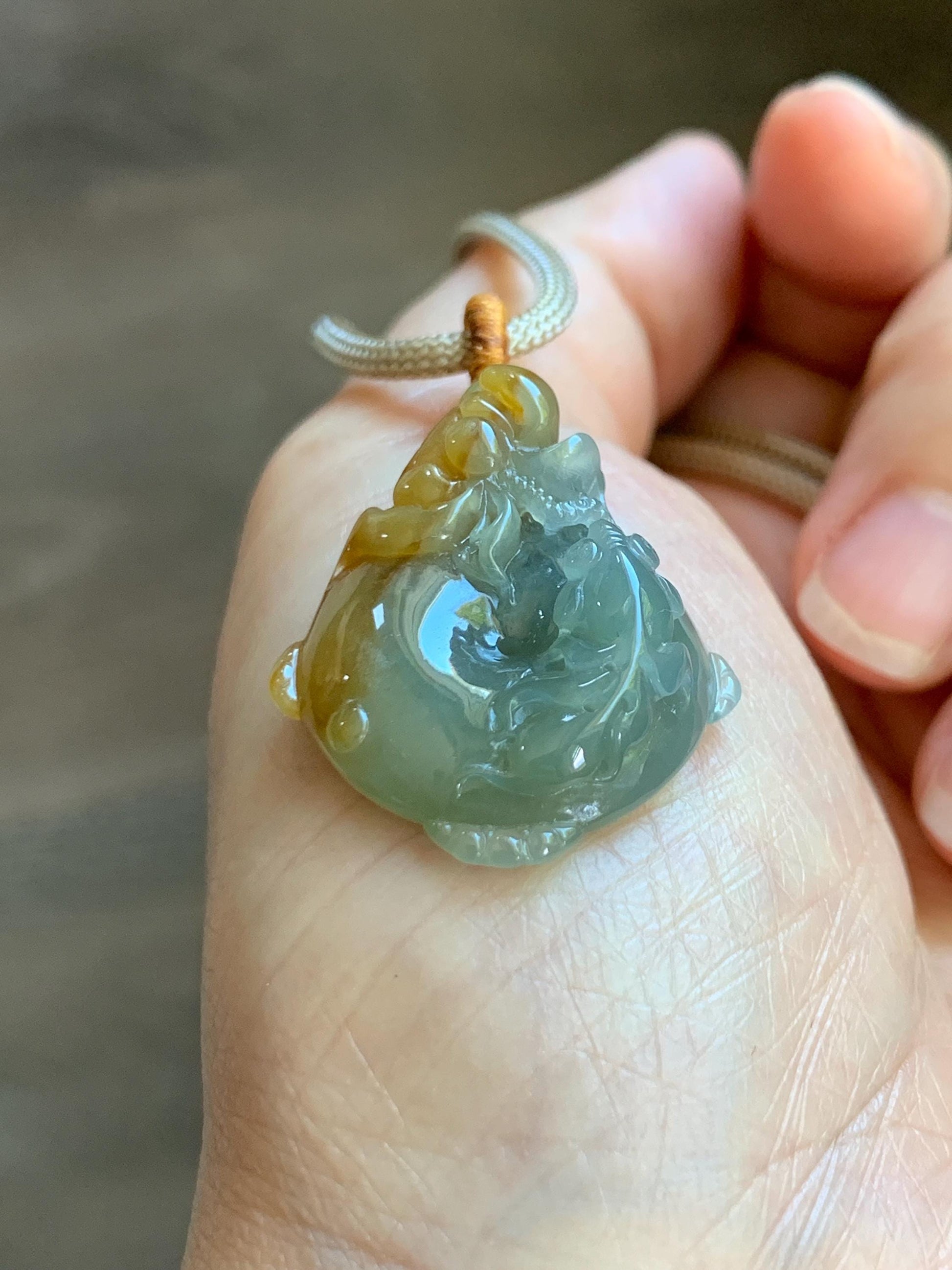 Certified Natural Grade A Icy Translucent Bicolored Jade Jadeite Lotus & Goldfish Ping An Kou Donut Pendant Rope Necklace 天然冰胶翡翠莲花鱼平安扣吊坠 449