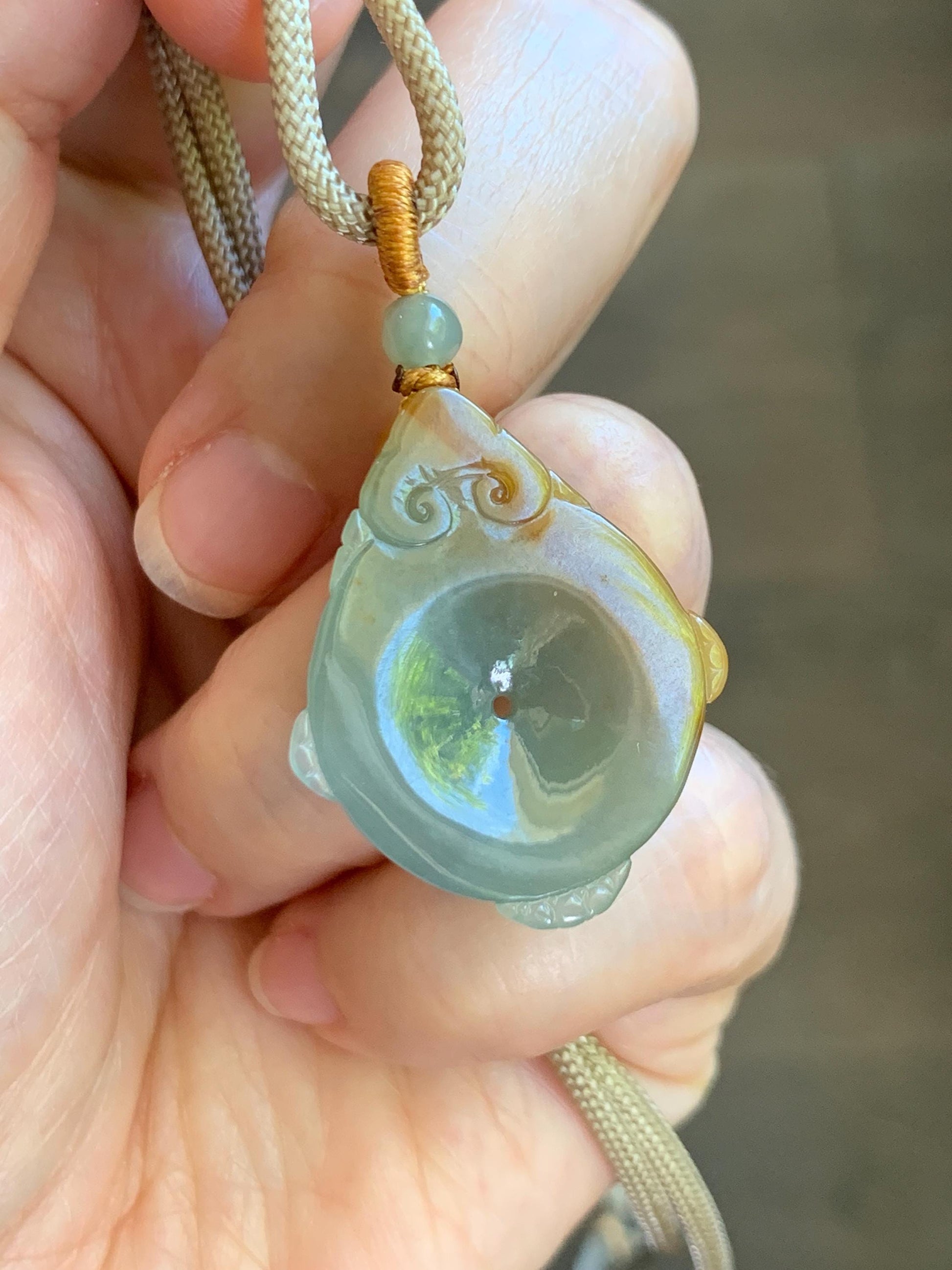 Certified Natural Grade A Icy Translucent Bicolored Jade Jadeite Lotus & Goldfish Ping An Kou Donut Pendant Rope Necklace 天然冰胶翡翠莲花鱼平安扣吊坠 449