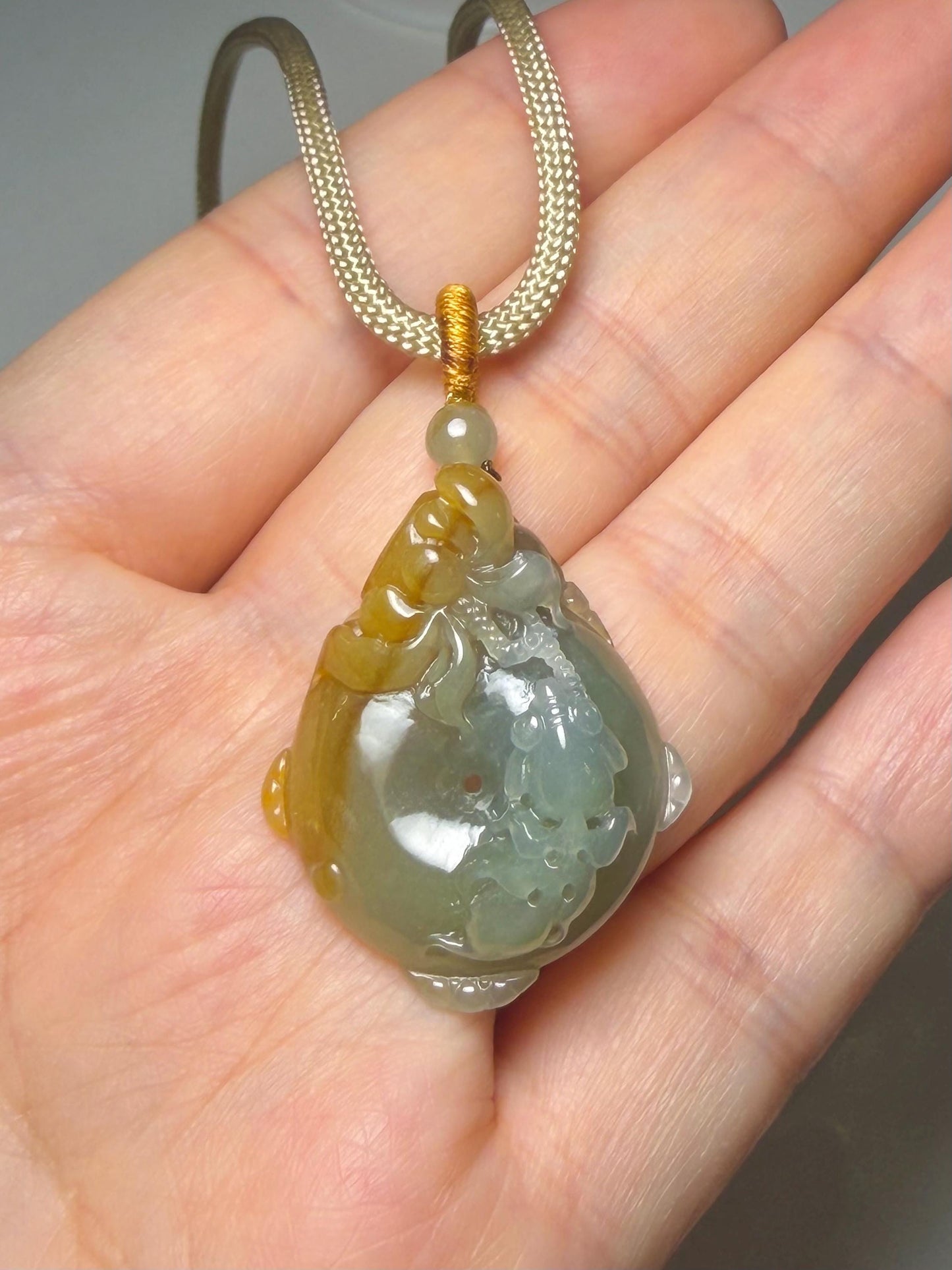 Certified Natural Grade A Icy Translucent Bicolored Jade Jadeite Lotus & Goldfish Ping An Kou Donut Pendant Rope Necklace 天然冰胶翡翠莲花鱼平安扣吊坠 449
