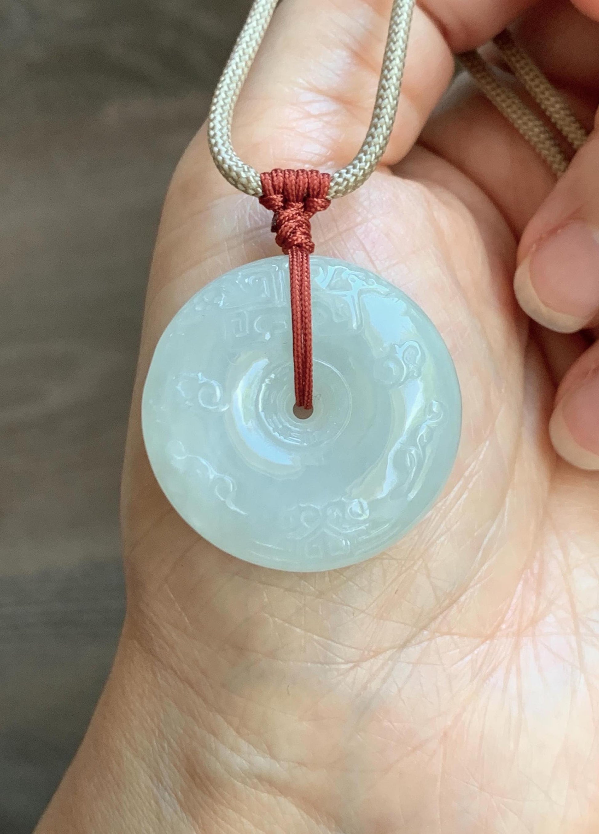 Natural Grade A Icy Translucent Light Beige Jade Jadeite Engraved Ping An Kou Donut Pendant Rope Necklace 24” 19g 天然细糯冰糖黄翡翠仿古雕平安扣项链 MFG360B