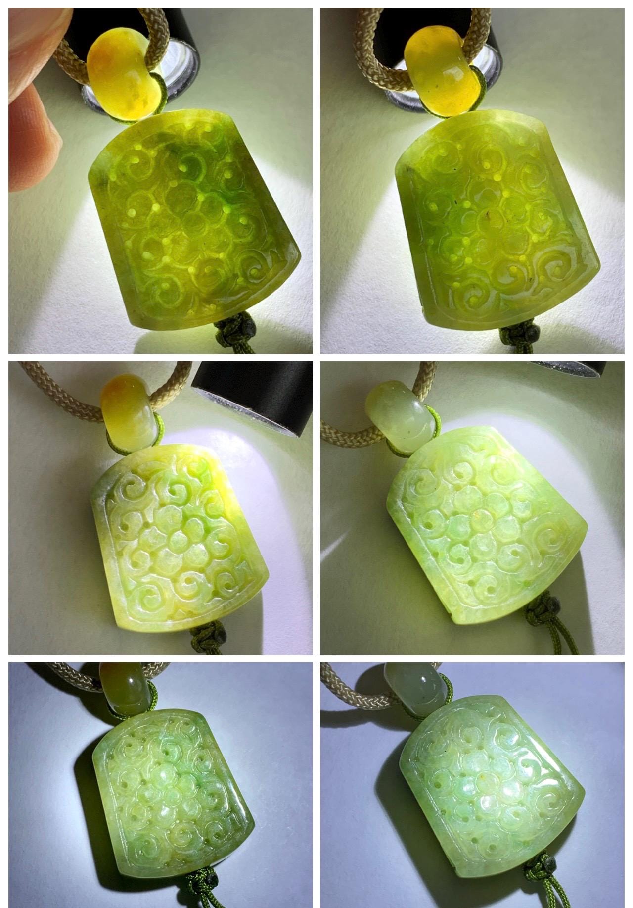 Natural Grade A Icy Translucent Yellowish Green Marbled Jade Jadeite Engraved Pendant Rope Necklace 24” 12g 天然冰茶晃翡翠仿古雕无事牌吊坠 MFG334