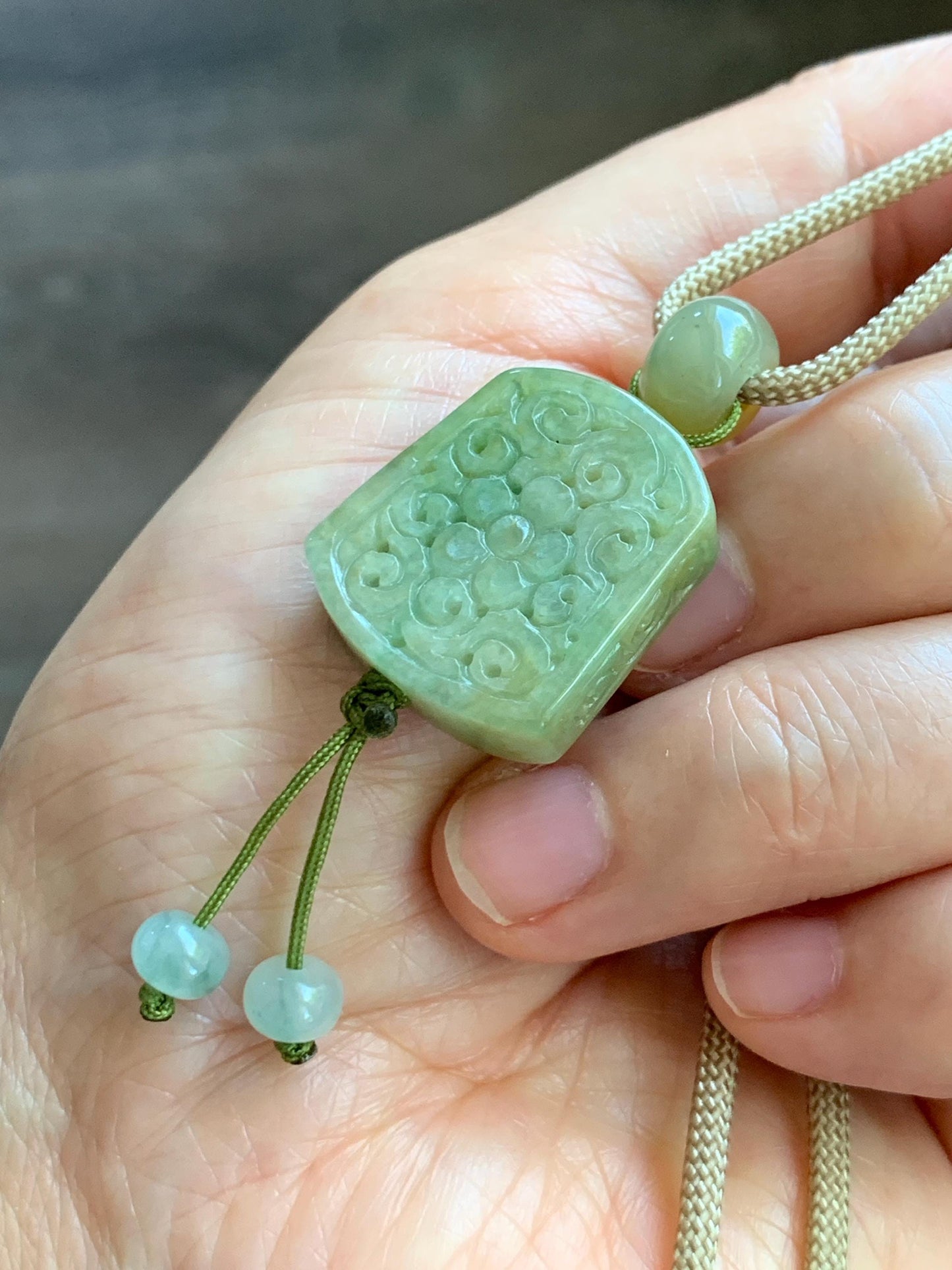 Natural Grade A Icy Translucent Yellowish Green Marbled Jade Jadeite Engraved Pendant Rope Necklace 24” 12g 天然冰茶晃翡翠仿古雕无事牌吊坠 MFG334