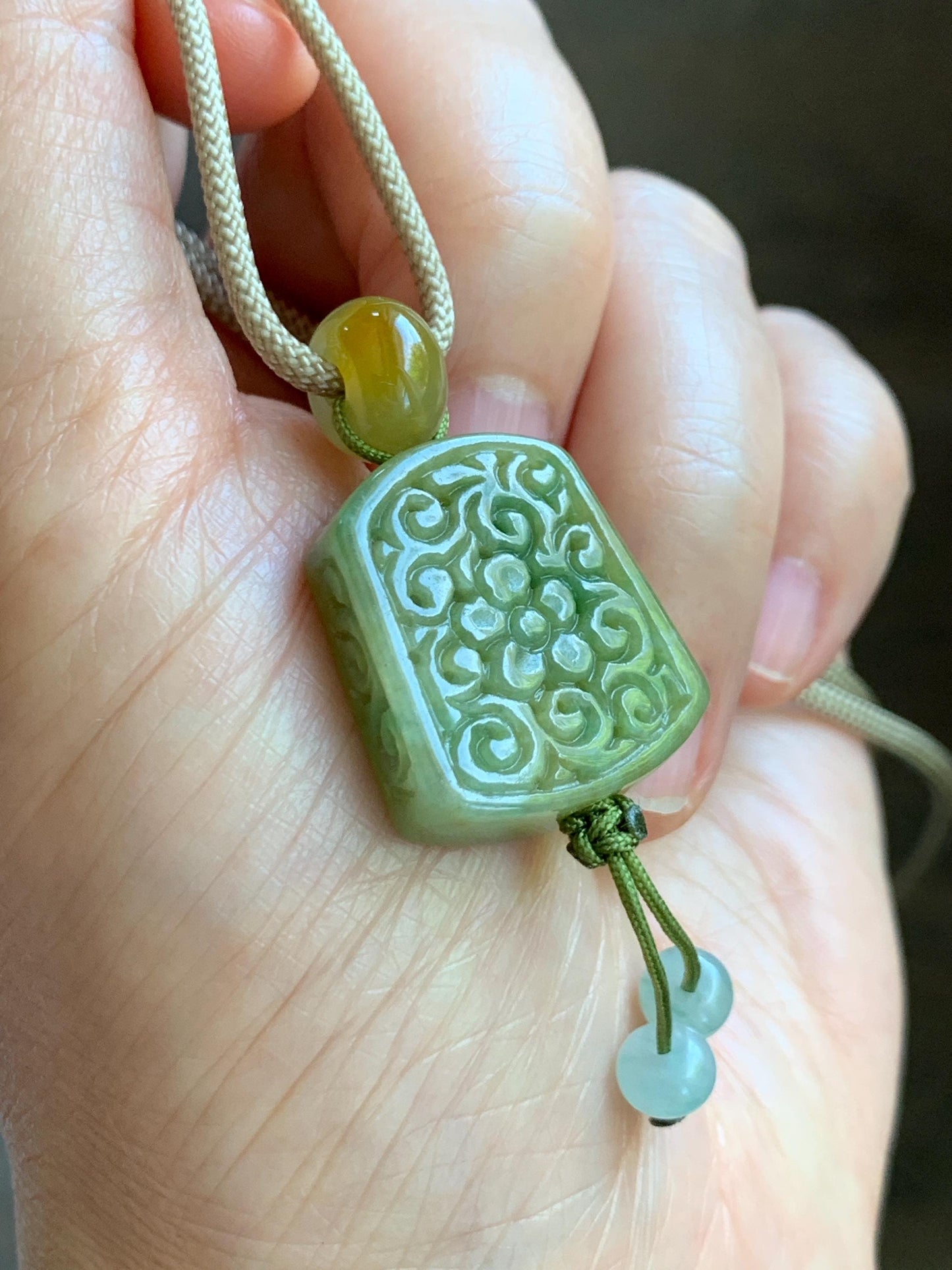 Natural Grade A Icy Translucent Yellowish Green Marbled Jade Jadeite Engraved Pendant Rope Necklace 24” 12g 天然冰茶晃翡翠仿古雕无事牌吊坠 MFG334