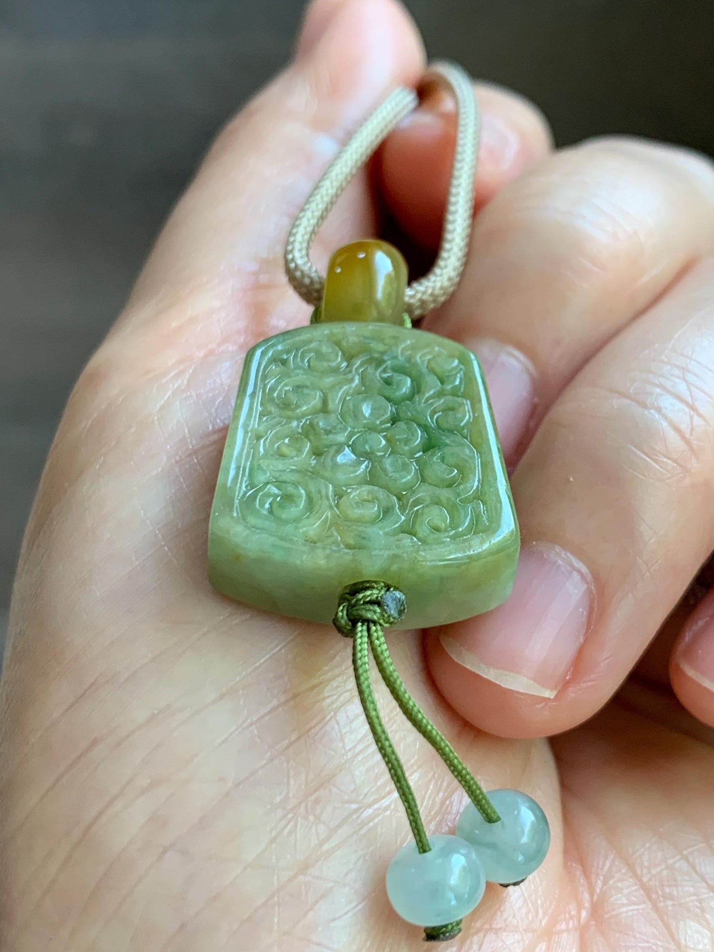 Natural Grade A Icy Translucent Yellowish Green Marbled Jade Jadeite Engraved Pendant Rope Necklace 24” 12g 天然冰茶晃翡翠仿古雕无事牌吊坠 MFG334