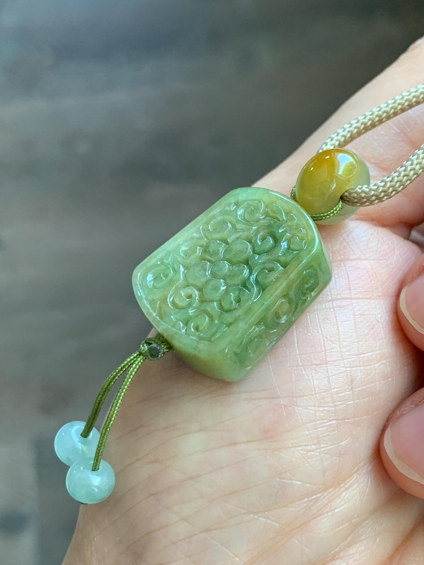 Natural Grade A Icy Translucent Yellowish Green Marbled Jade Jadeite Engraved Pendant Rope Necklace 24” 12g 天然冰茶晃翡翠仿古雕无事牌吊坠 MFG334