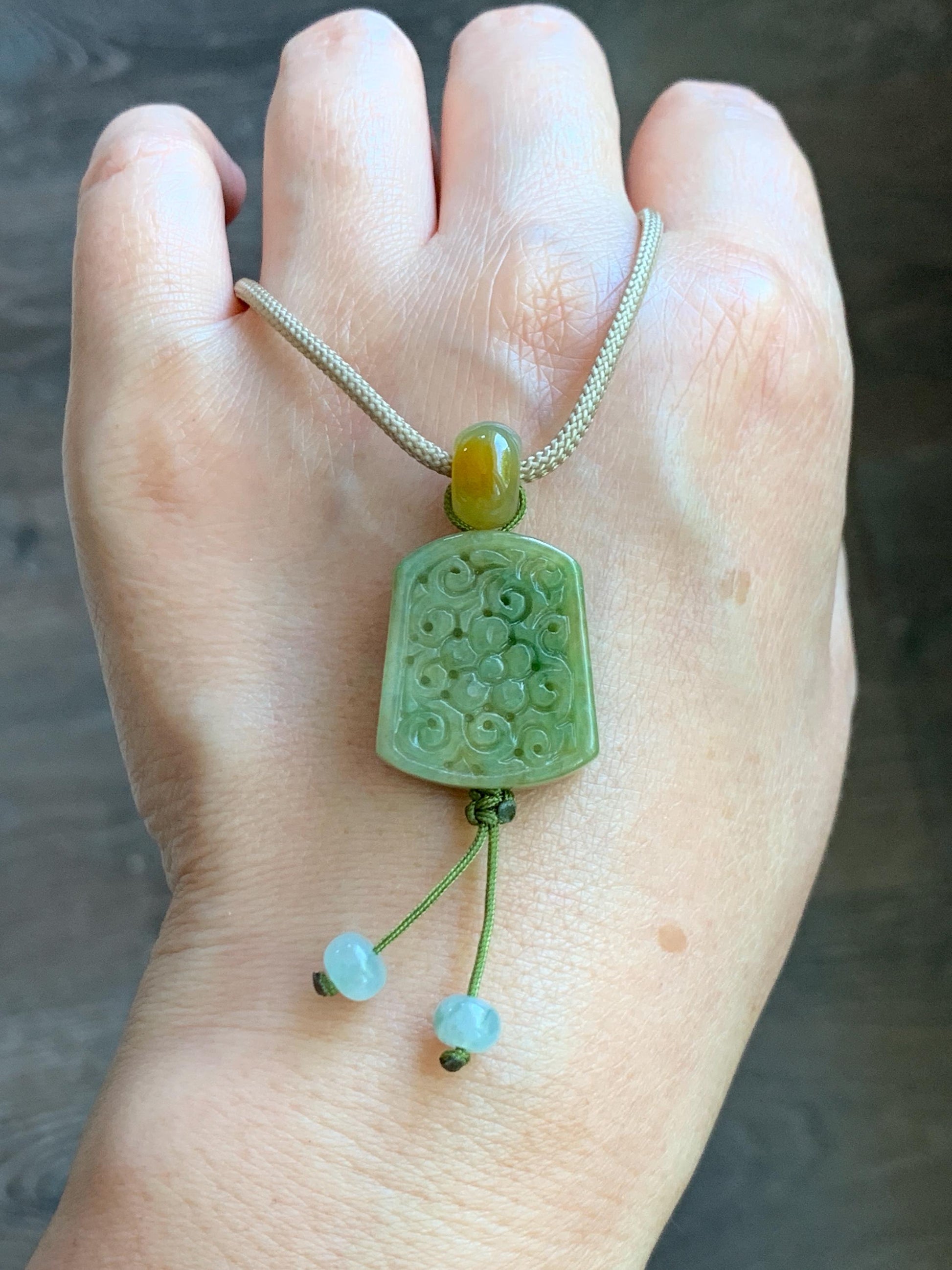 Natural Grade A Icy Translucent Yellowish Green Marbled Jade Jadeite Engraved Pendant Rope Necklace 24” 12g 天然冰茶晃翡翠仿古雕无事牌吊坠 MFG334