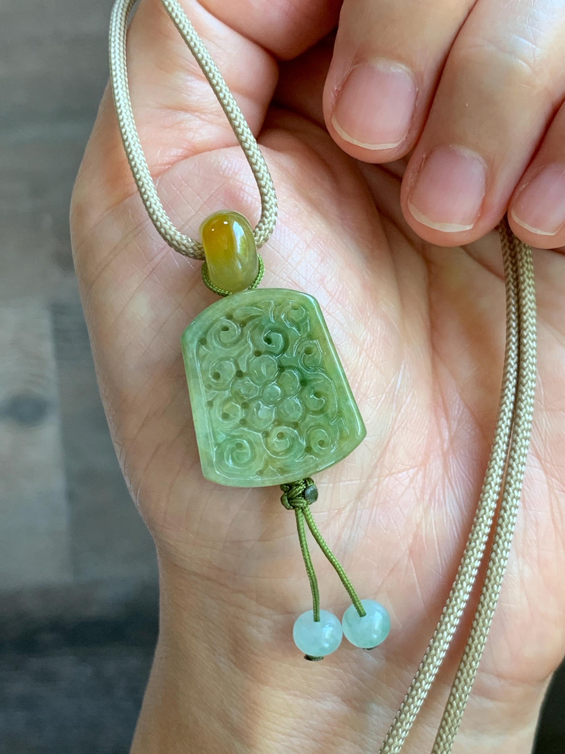 Natural Grade A Icy Translucent Yellowish Green Marbled Jade Jadeite Engraved Pendant Rope Necklace 24” 12g 天然冰茶晃翡翠仿古雕无事牌吊坠 MFG334