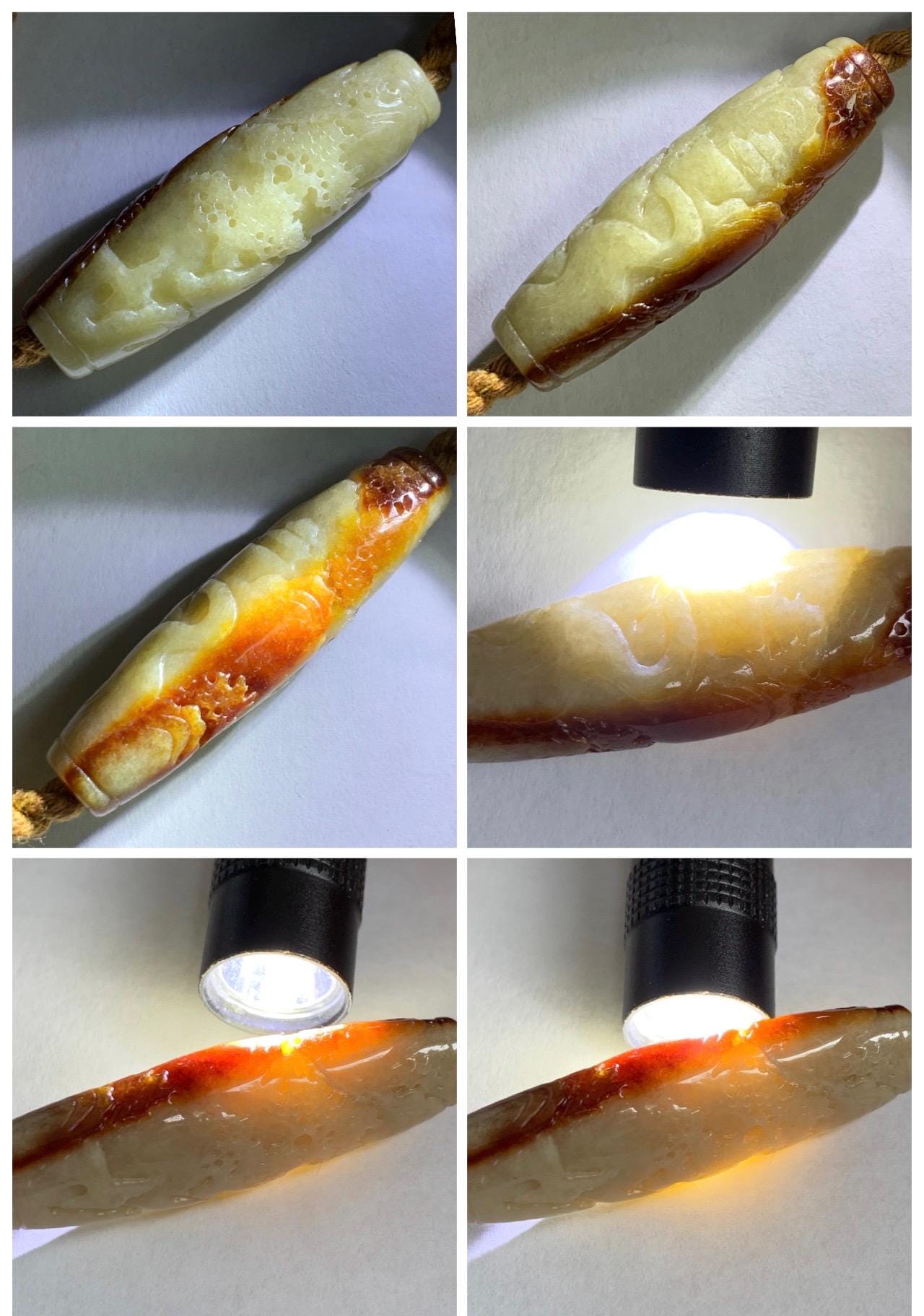 Certified Natural Grade A Icy Beige Honey Brown Marbled Jade Jadeite Engraved Shan Shui Barrel Bead Rope Necklace 18” 17g 天然冰淡黄撒金翡翠山水桶珠吊坠481