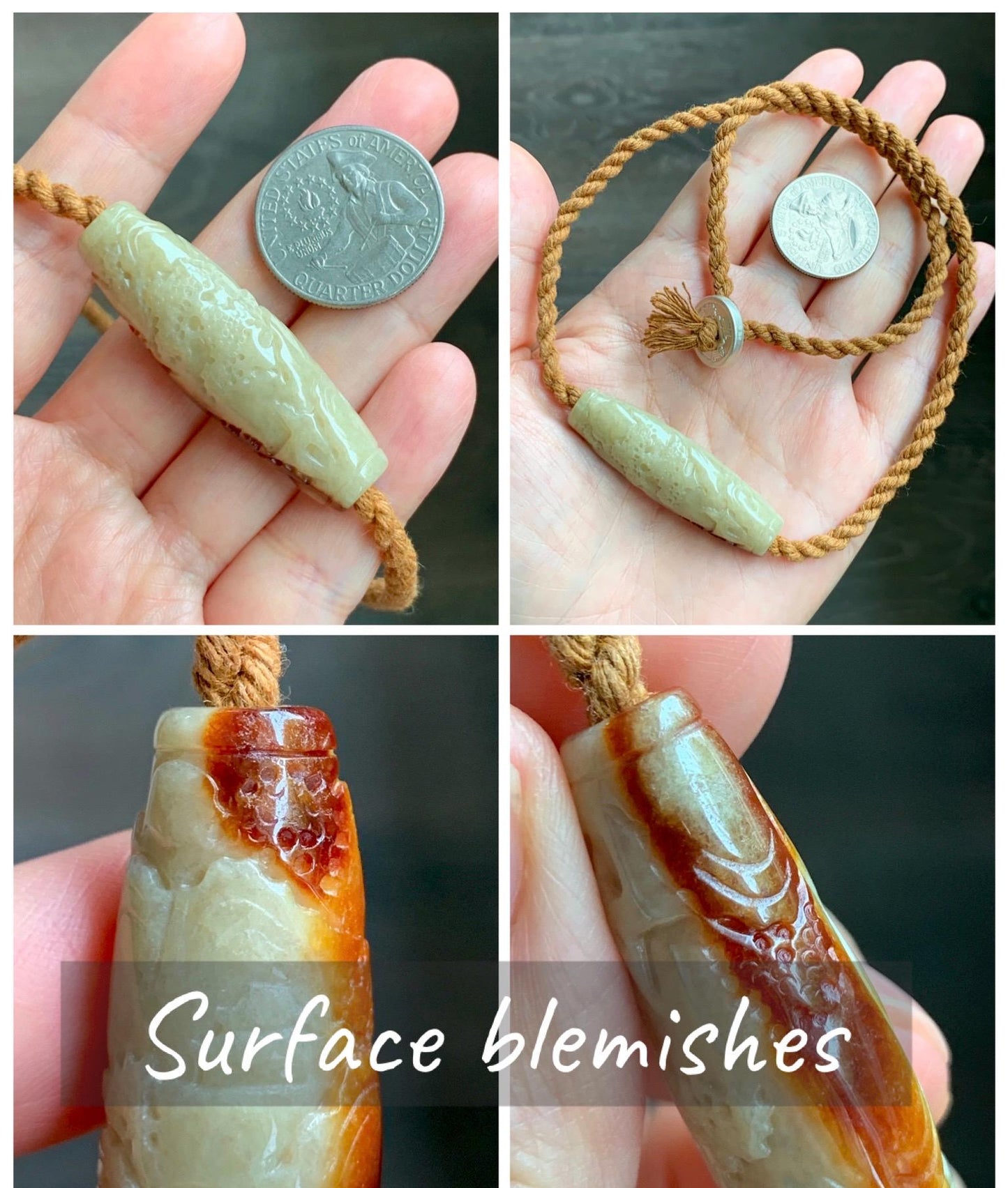 Certified Natural Grade A Icy Beige Honey Brown Marbled Jade Jadeite Engraved Shan Shui Barrel Bead Rope Necklace 18” 17g 天然冰淡黄撒金翡翠山水桶珠吊坠481