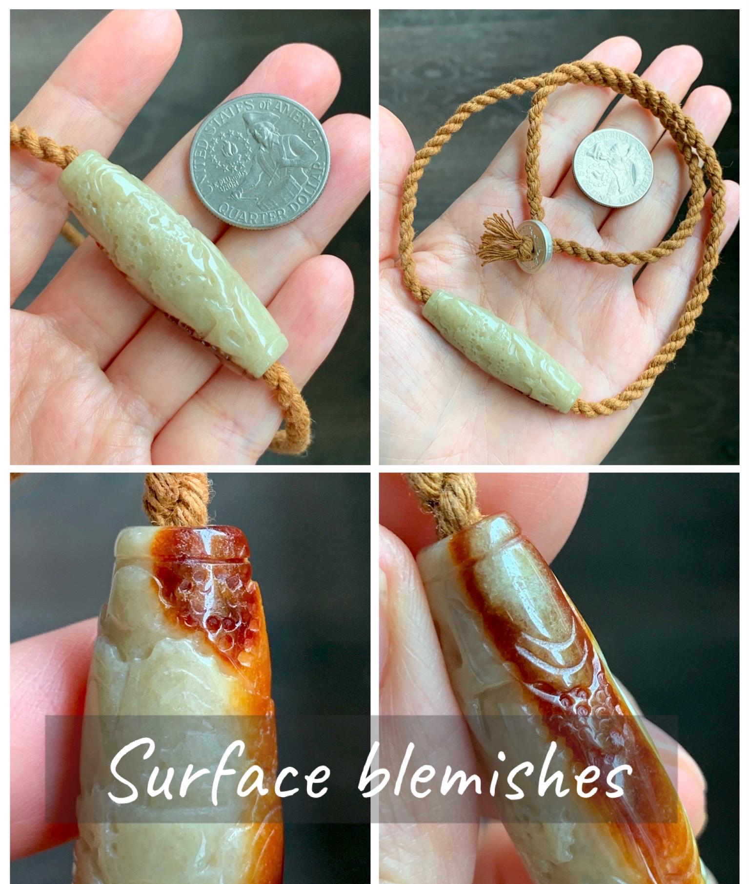 Certified Natural Grade A Icy Beige Honey Brown Marbled Jade Jadeite Engraved Shan Shui Barrel Bead Rope Necklace 18” 17g 天然冰淡黄撒金翡翠山水桶珠吊坠481