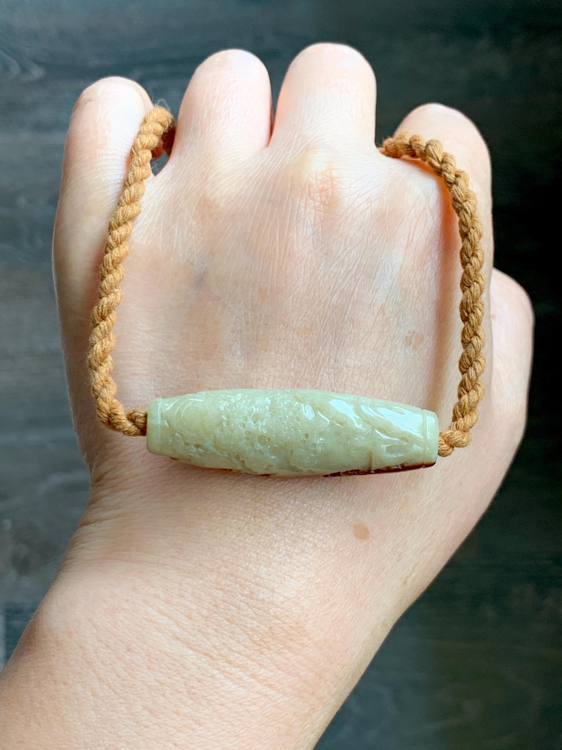 Certified Natural Grade A Icy Beige Honey Brown Marbled Jade Jadeite Engraved Shan Shui Barrel Bead Rope Necklace 18” 17g 天然冰淡黄撒金翡翠山水桶珠吊坠481