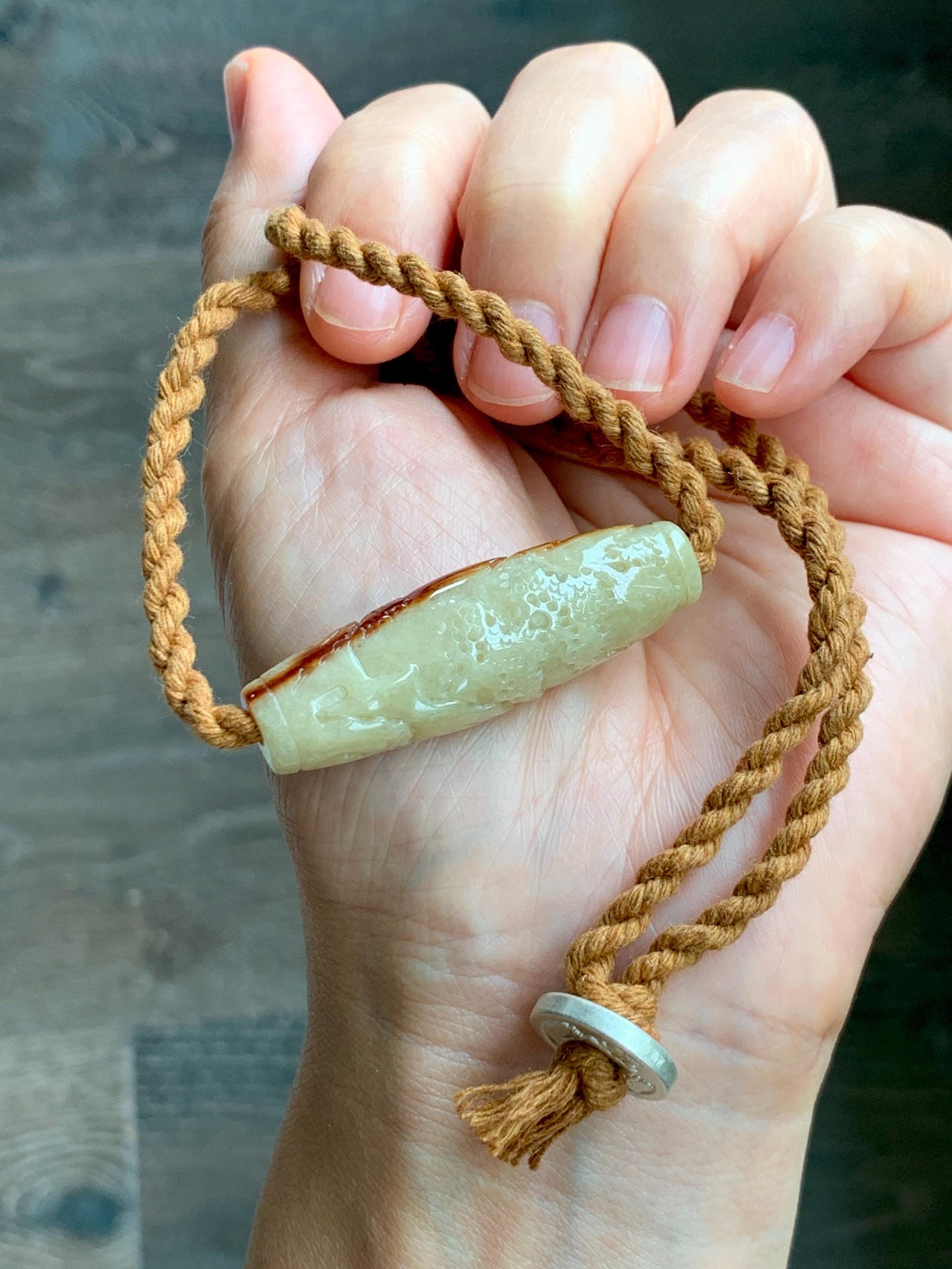 Certified Natural Grade A Icy Beige Honey Brown Marbled Jade Jadeite Engraved Shan Shui Barrel Bead Rope Necklace 18” 17g 天然冰淡黄撒金翡翠山水桶珠吊坠481