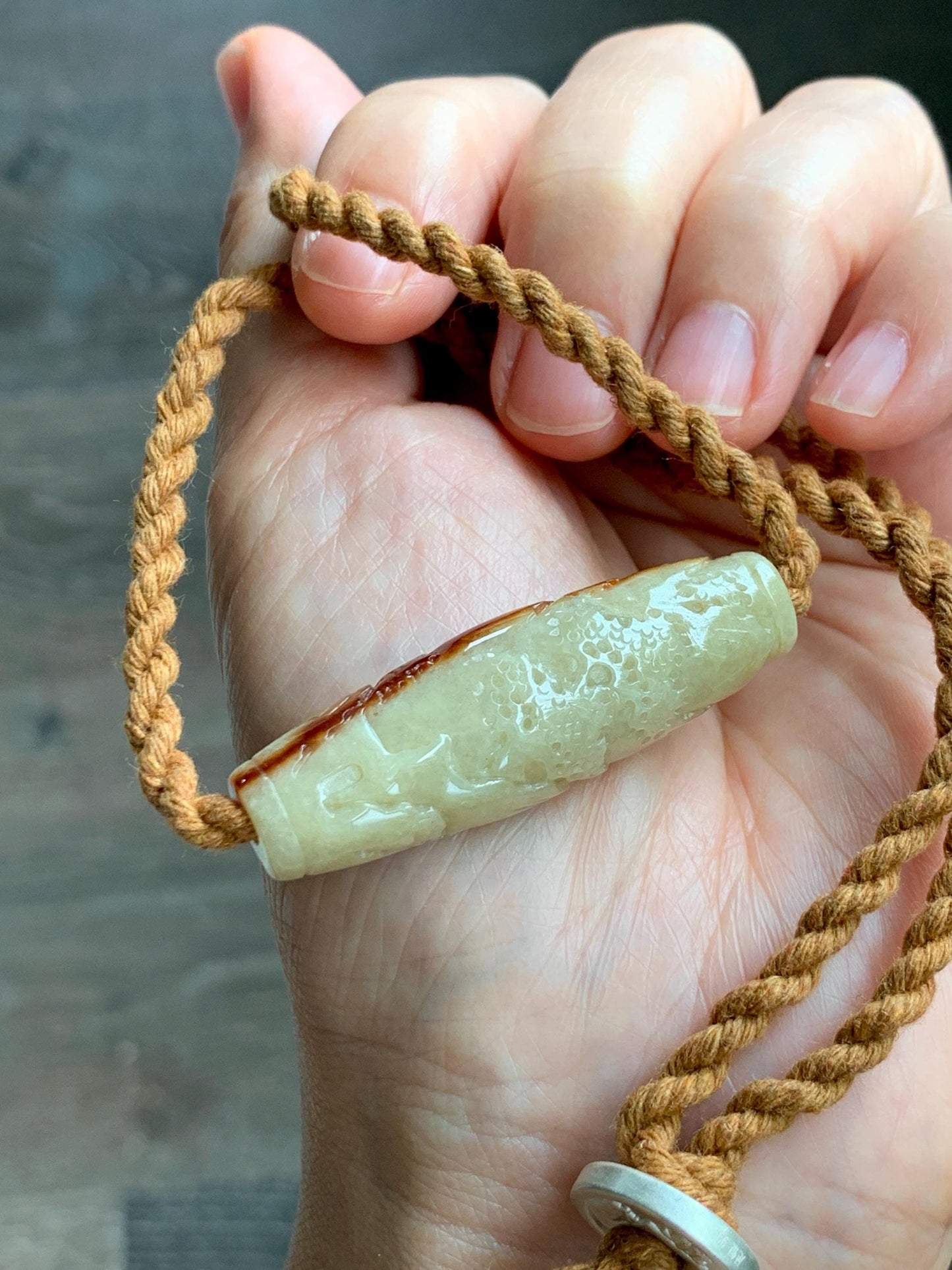 Certified Natural Grade A Icy Beige Honey Brown Marbled Jade Jadeite Engraved Shan Shui Barrel Bead Rope Necklace 18” 17g 天然冰淡黄撒金翡翠山水桶珠吊坠481