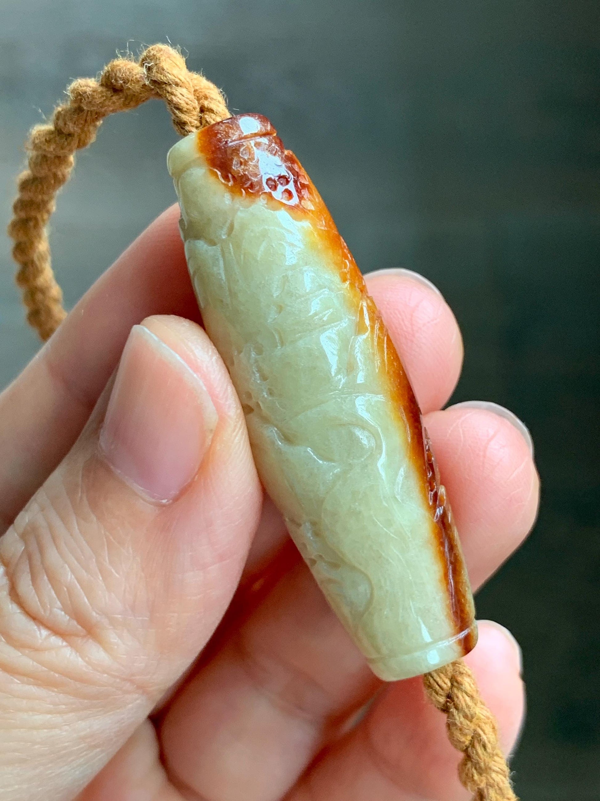 Certified Natural Grade A Icy Beige Honey Brown Marbled Jade Jadeite Engraved Shan Shui Barrel Bead Rope Necklace 18” 17g 天然冰淡黄撒金翡翠山水桶珠吊坠481