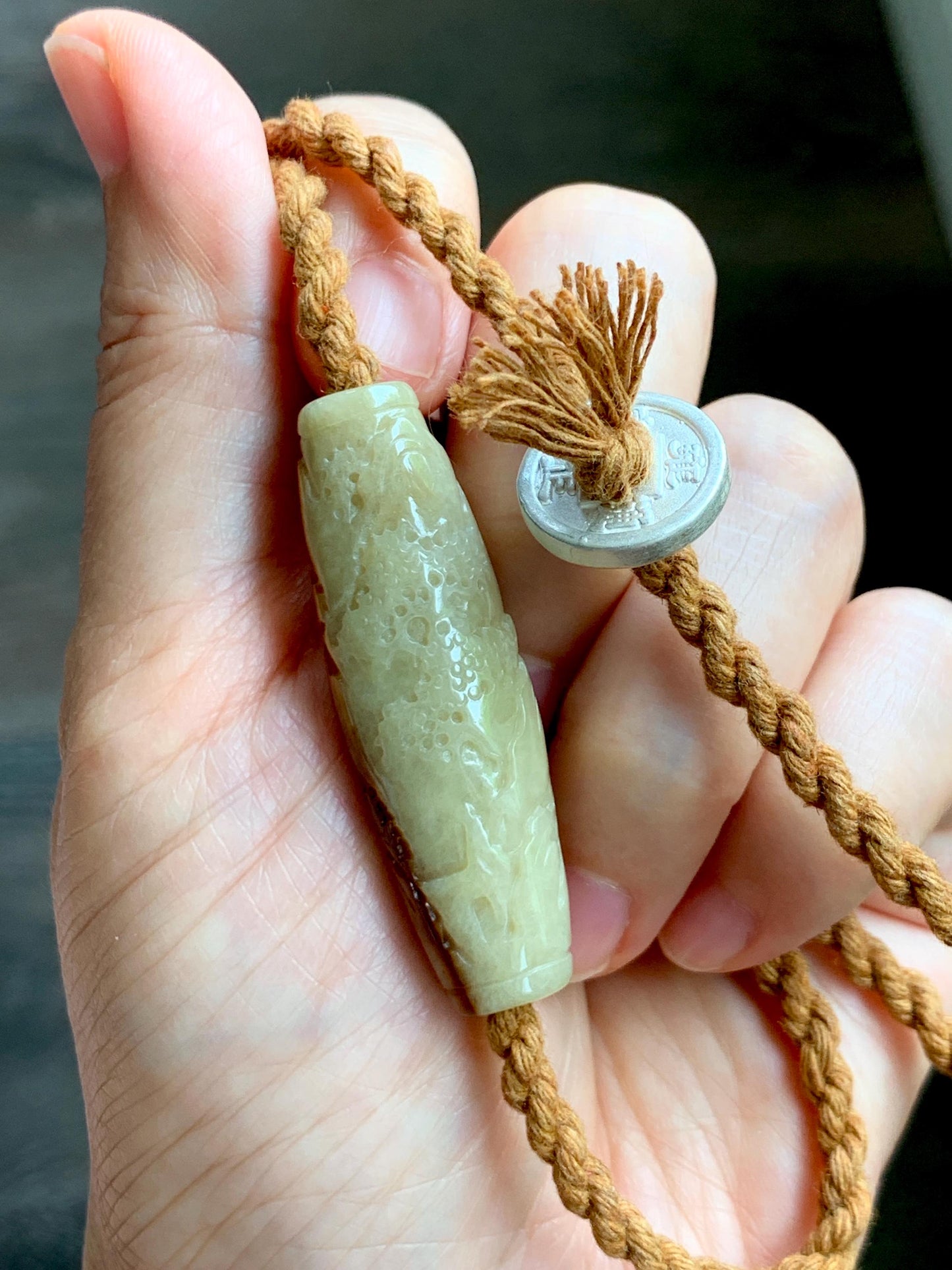 Certified Natural Grade A Icy Beige Honey Brown Marbled Jade Jadeite Engraved Shan Shui Barrel Bead Rope Necklace 18” 17g 天然冰淡黄撒金翡翠山水桶珠吊坠481