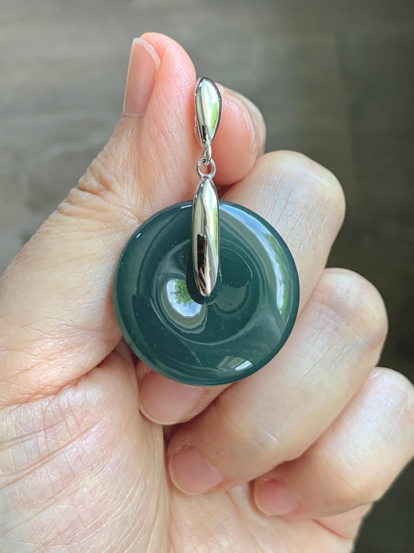 Natural Grade A Guatemalan Icy Translucent Dark Teal Blue Jade Jadeite Ping An Kou Donut Pendant Sterling Silver 9g 天然冰危深蓝翡翠平安扣吊坠 WLK135