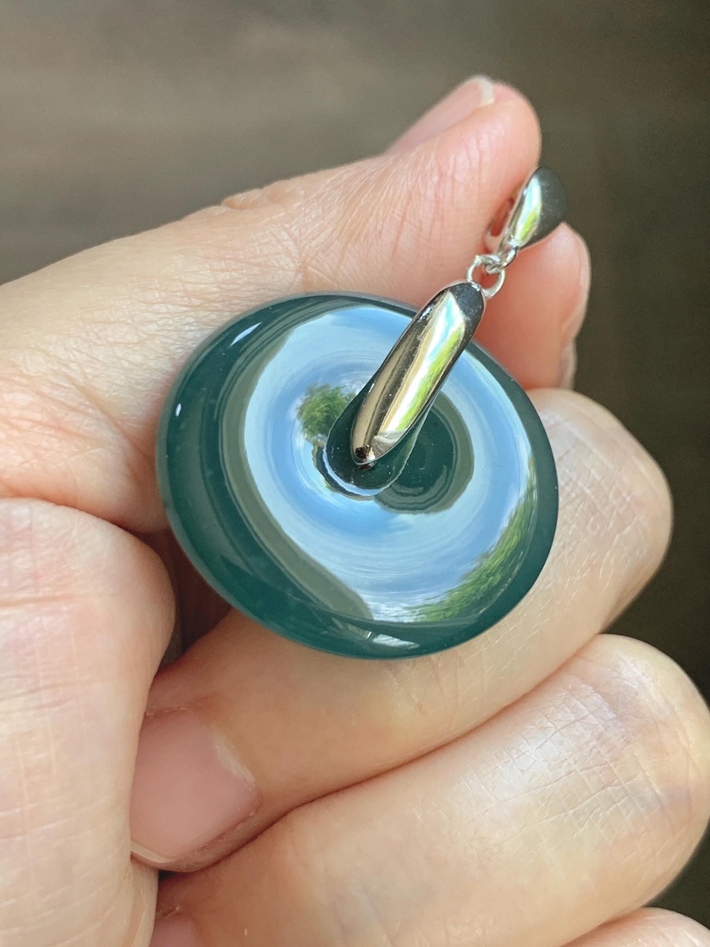 Natural Grade A Guatemalan Icy Translucent Dark Teal Blue Jade Jadeite Ping An Kou Donut Pendant Sterling Silver 9g 天然冰危深蓝翡翠平安扣吊坠 WLK135