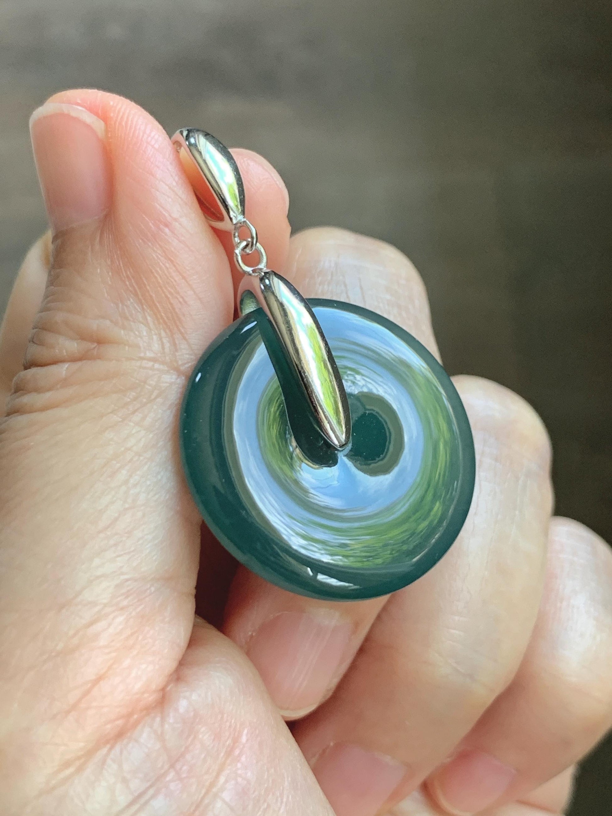 Natural Grade A Guatemalan Icy Translucent Dark Teal Blue Jade Jadeite Ping An Kou Donut Pendant Sterling Silver 9g 天然冰危深蓝翡翠平安扣吊坠 WLK135