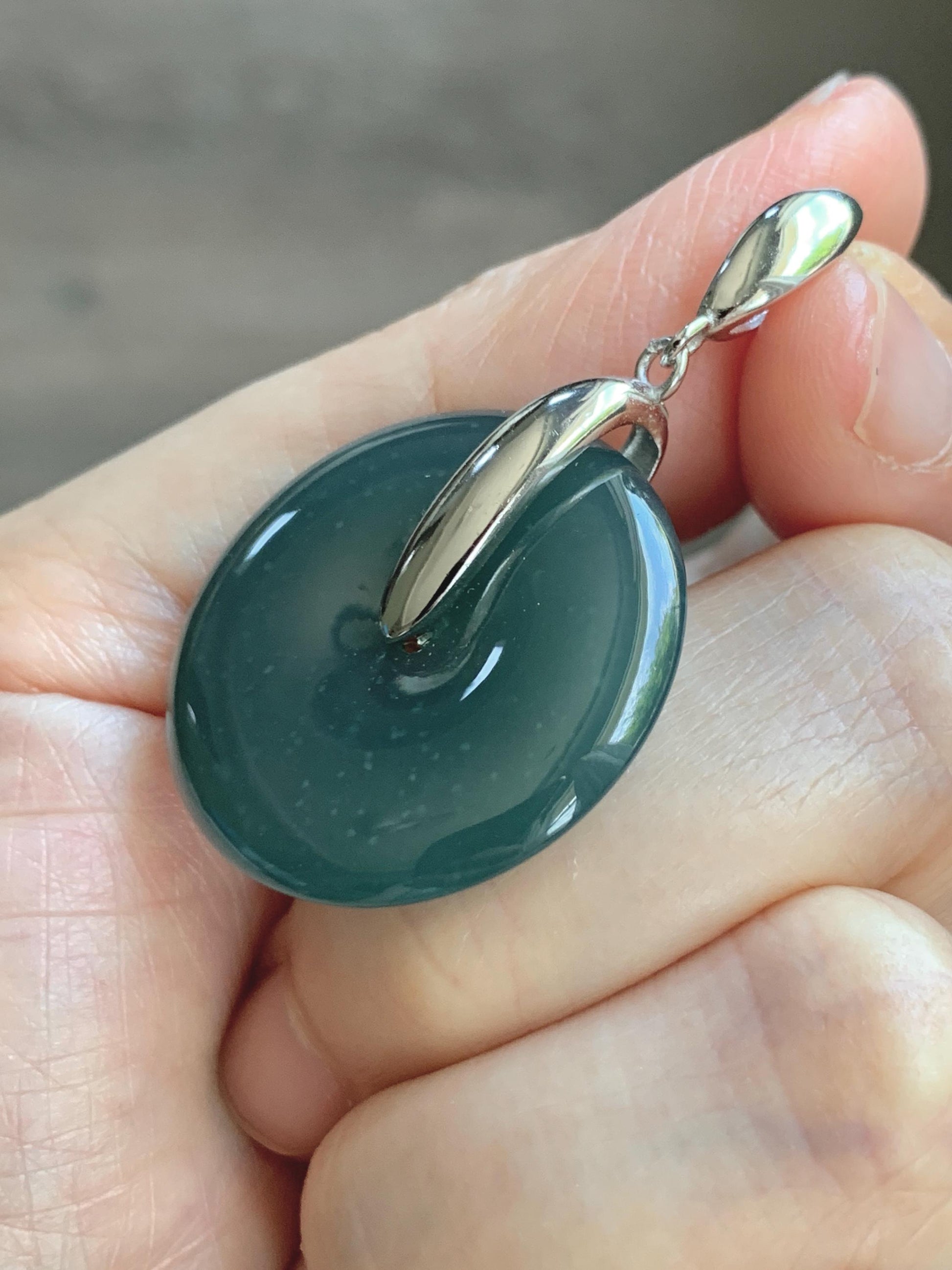 Natural Grade A Guatemalan Icy Translucent Dark Teal Blue Jade Jadeite Ping An Kou Donut Pendant Sterling Silver 9g 天然冰危深蓝翡翠平安扣吊坠 WLK135