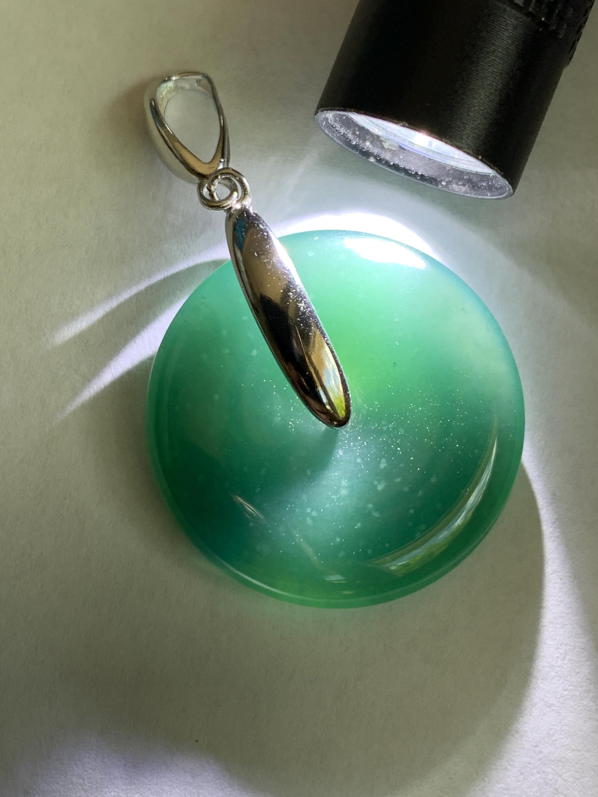 Natural Grade A Guatemalan Icy Translucent Dark Teal Blue Jade Jadeite Ping An Kou Donut Pendant Sterling Silver 9g 天然冰危深蓝翡翠平安扣吊坠 WLK135