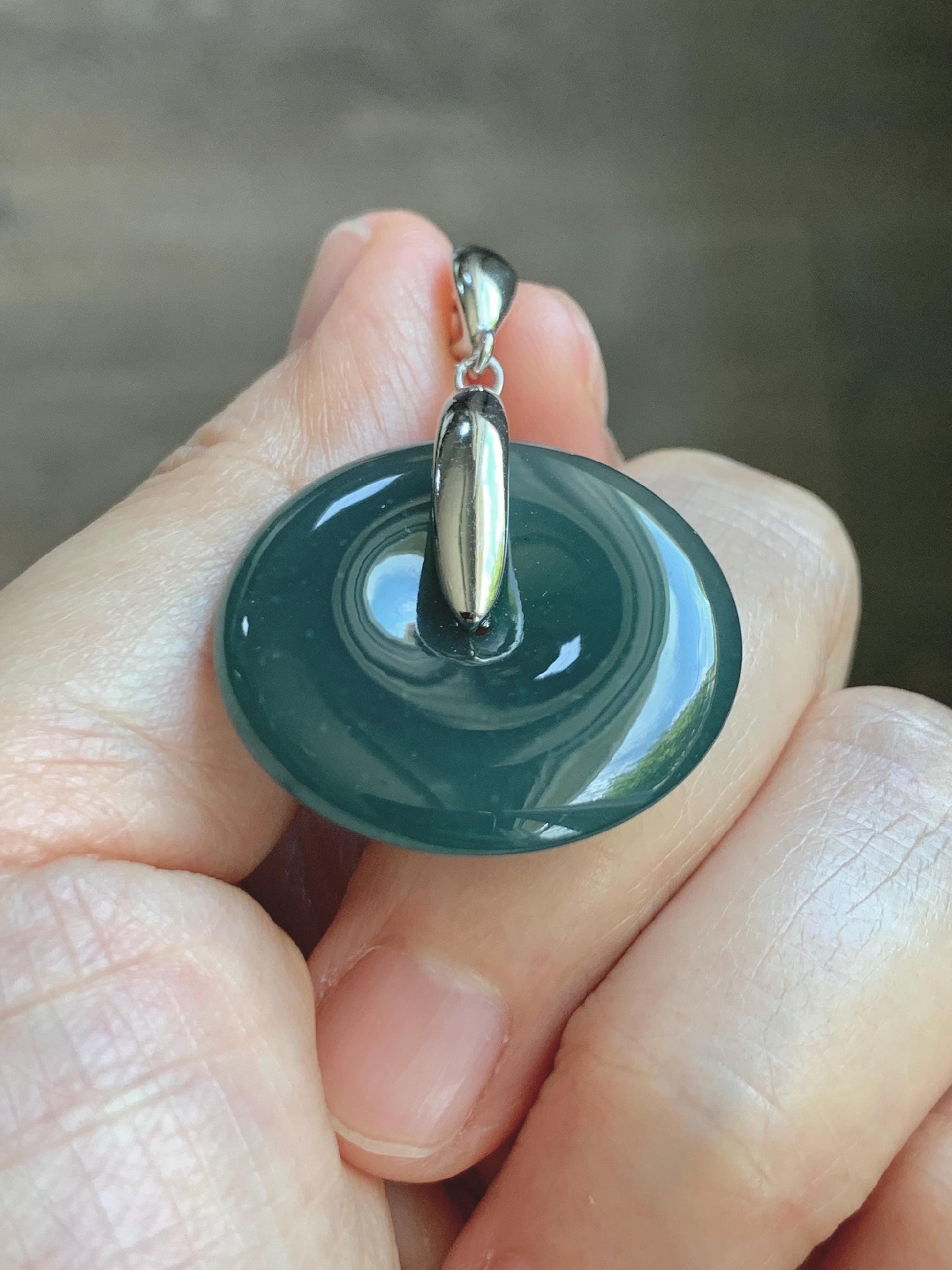 Natural Grade A Guatemalan Icy Translucent Dark Teal Blue Jade Jadeite Ping An Kou Donut Pendant Sterling Silver 9g 天然冰危深蓝翡翠平安扣吊坠 WLK135