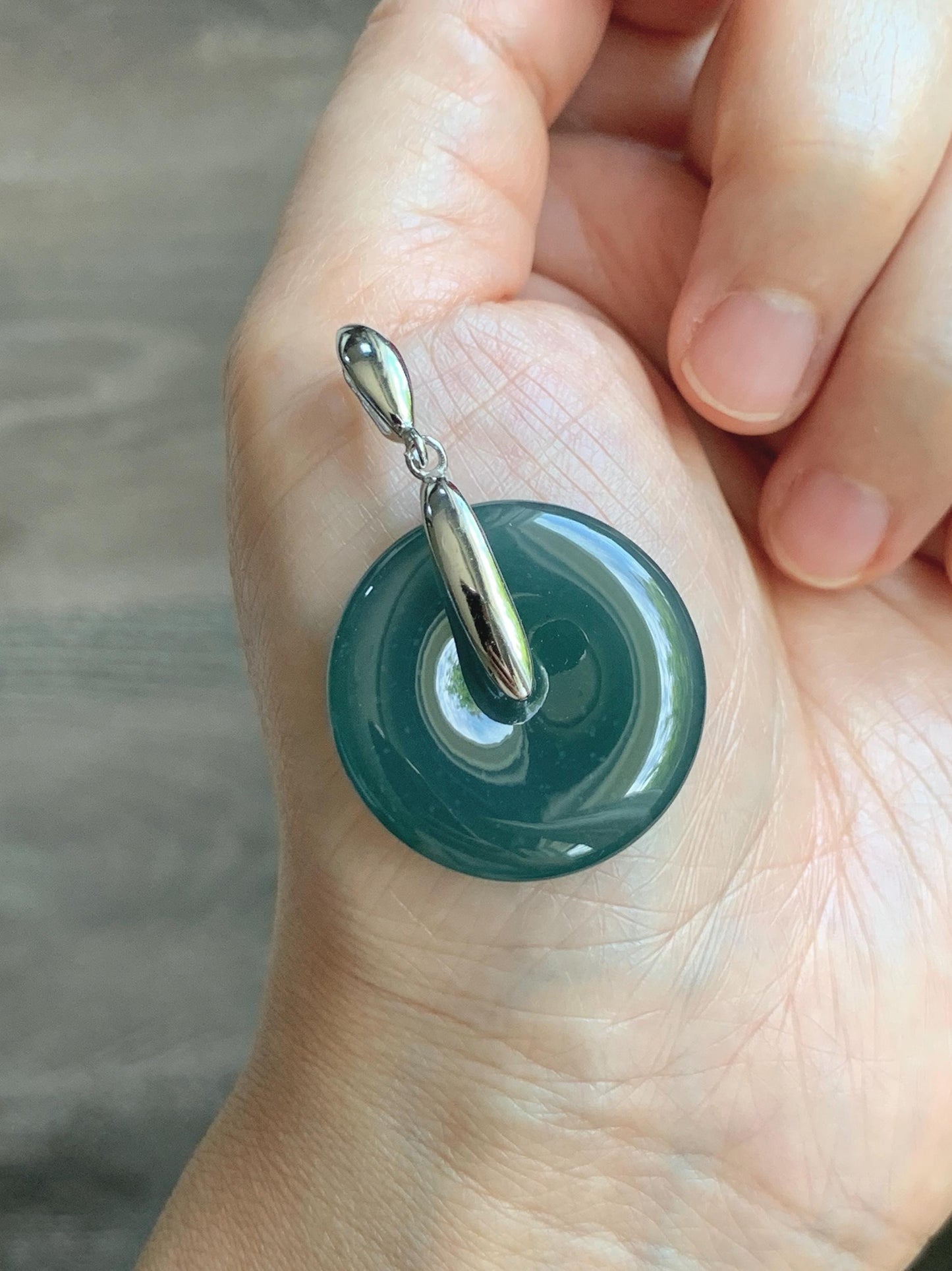Natural Grade A Guatemalan Icy Translucent Dark Teal Blue Jade Jadeite Ping An Kou Donut Pendant Sterling Silver 9g 天然冰危深蓝翡翠平安扣吊坠 WLK135