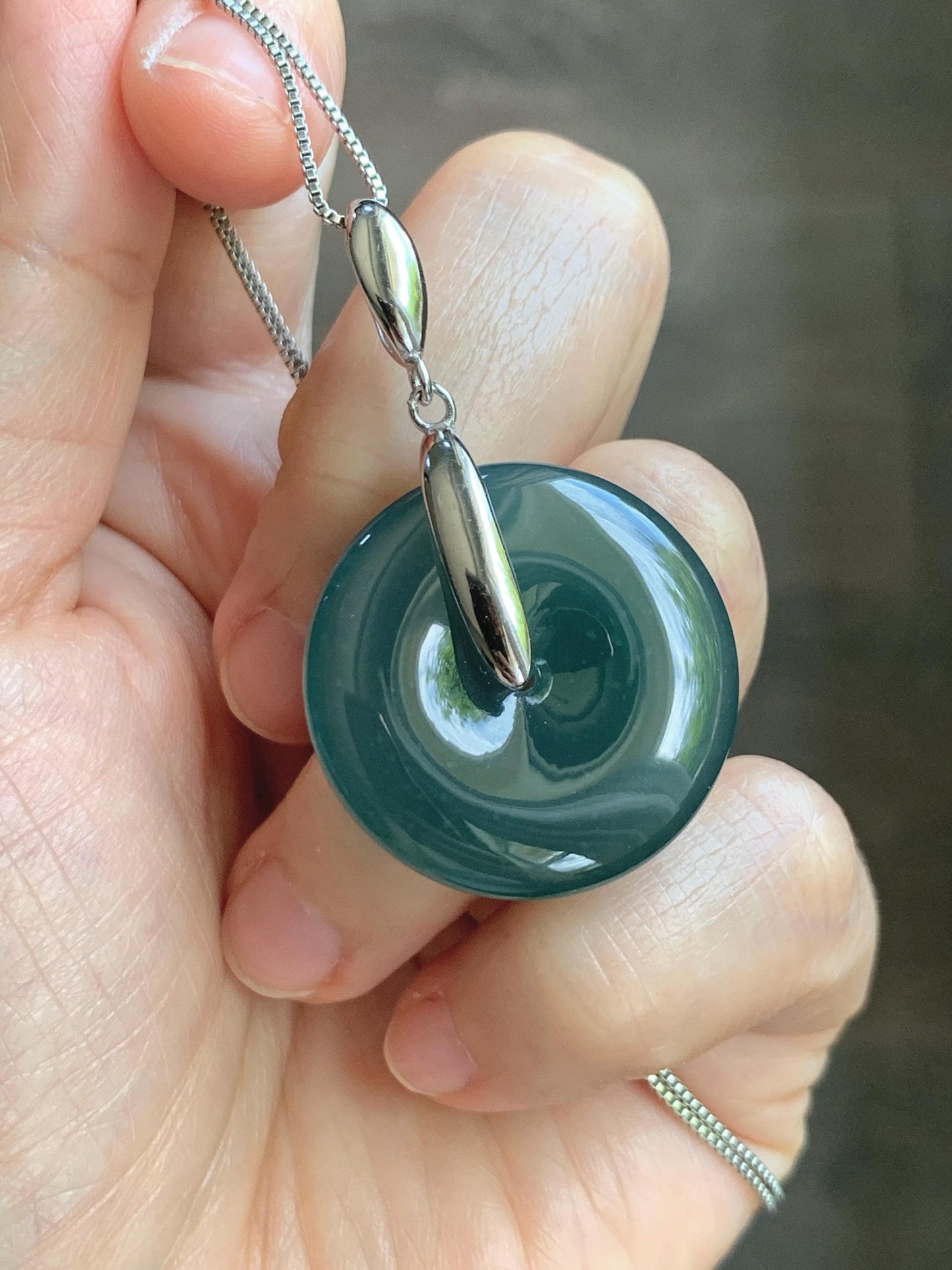 Natural Grade A Guatemalan Icy Translucent Dark Teal Blue Jade Jadeite Ping An Kou Donut Pendant Sterling Silver 9g 天然冰危深蓝翡翠平安扣吊坠 WLK135