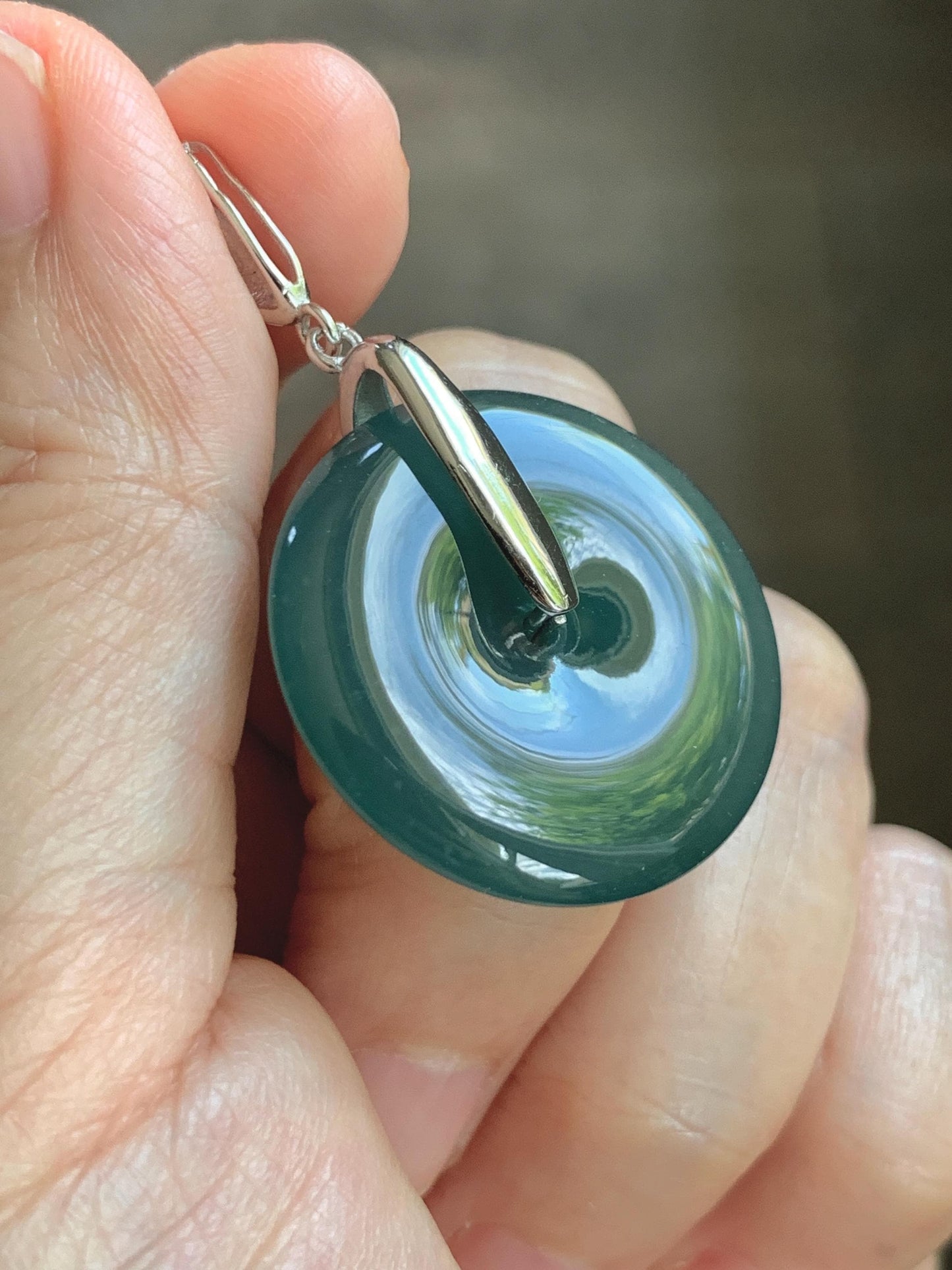 Natural Grade A Guatemalan Icy Translucent Dark Teal Blue Jade Jadeite Ping An Kou Donut Pendant Sterling Silver 9g 天然冰危深蓝翡翠平安扣吊坠 WLK135