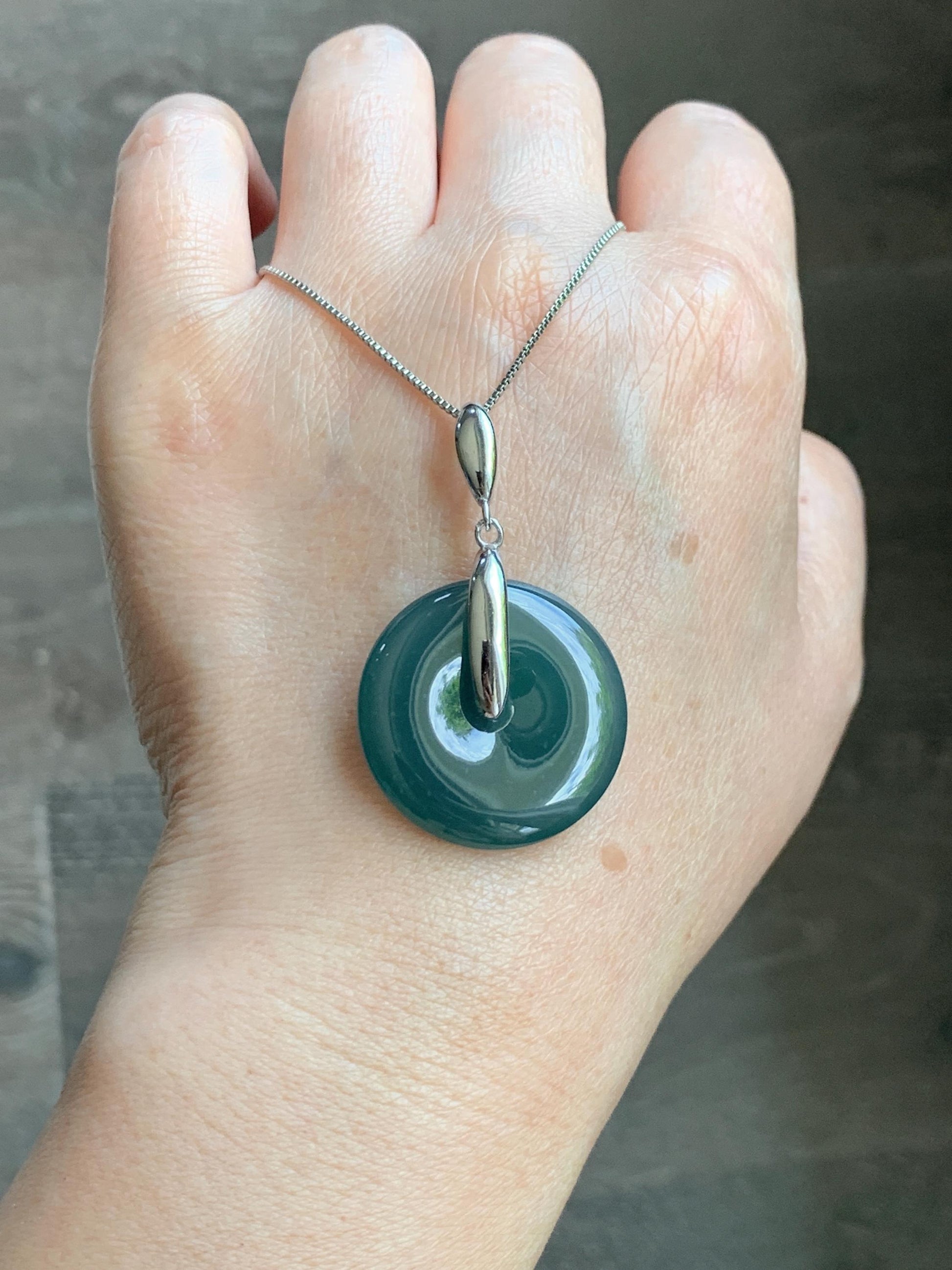 Natural Grade A Guatemalan Icy Translucent Dark Teal Blue Jade Jadeite Ping An Kou Donut Pendant Sterling Silver 9g 天然冰危深蓝翡翠平安扣吊坠 WLK135