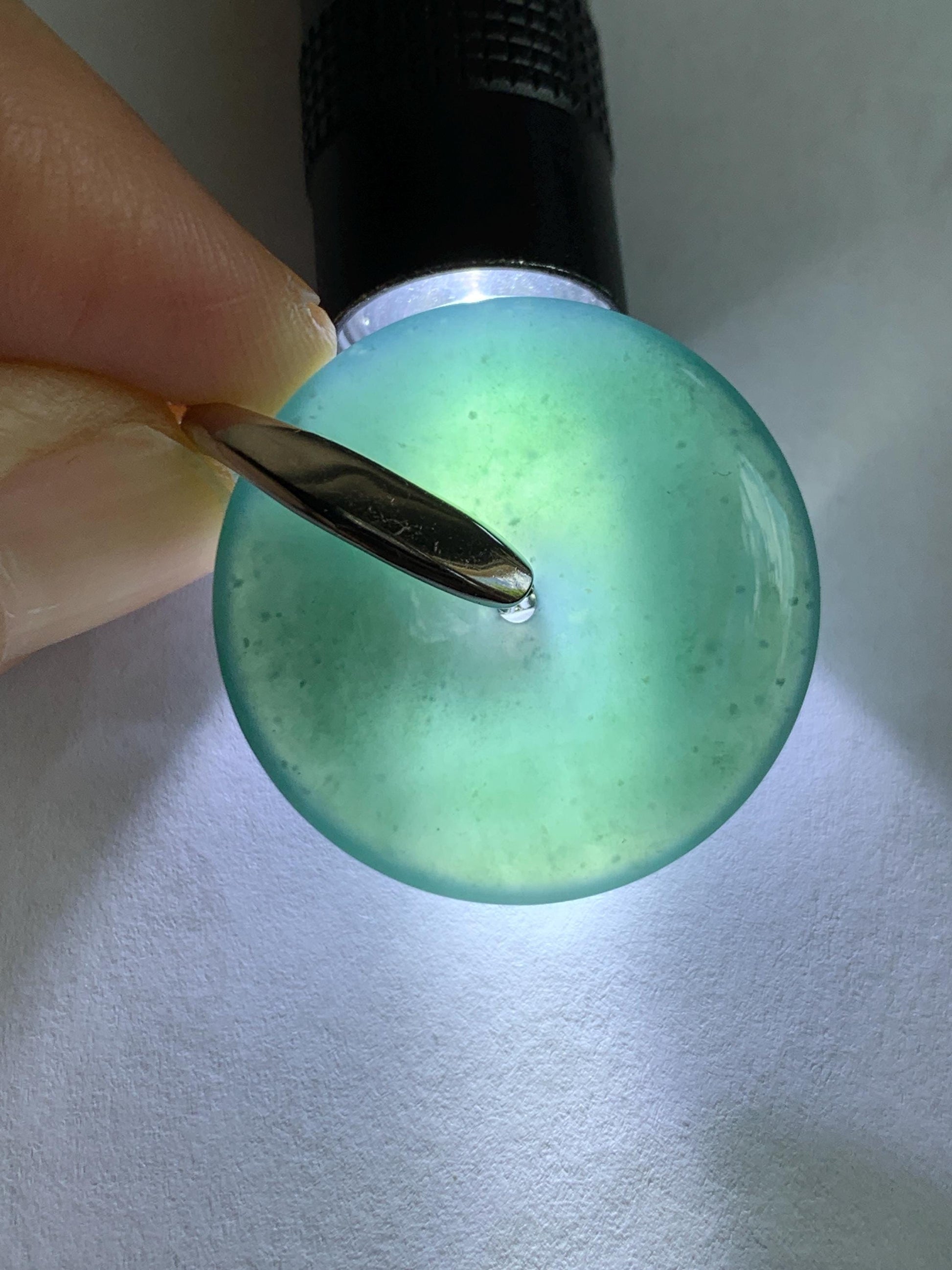 Natural Grade A Guatemalan Icy Translucent Dark Teal Blue Jade Jadeite Ping An Kou Donut Pendant Sterling Silver 9g 天然冰危深蓝翡翠平安扣吊坠 WLK135