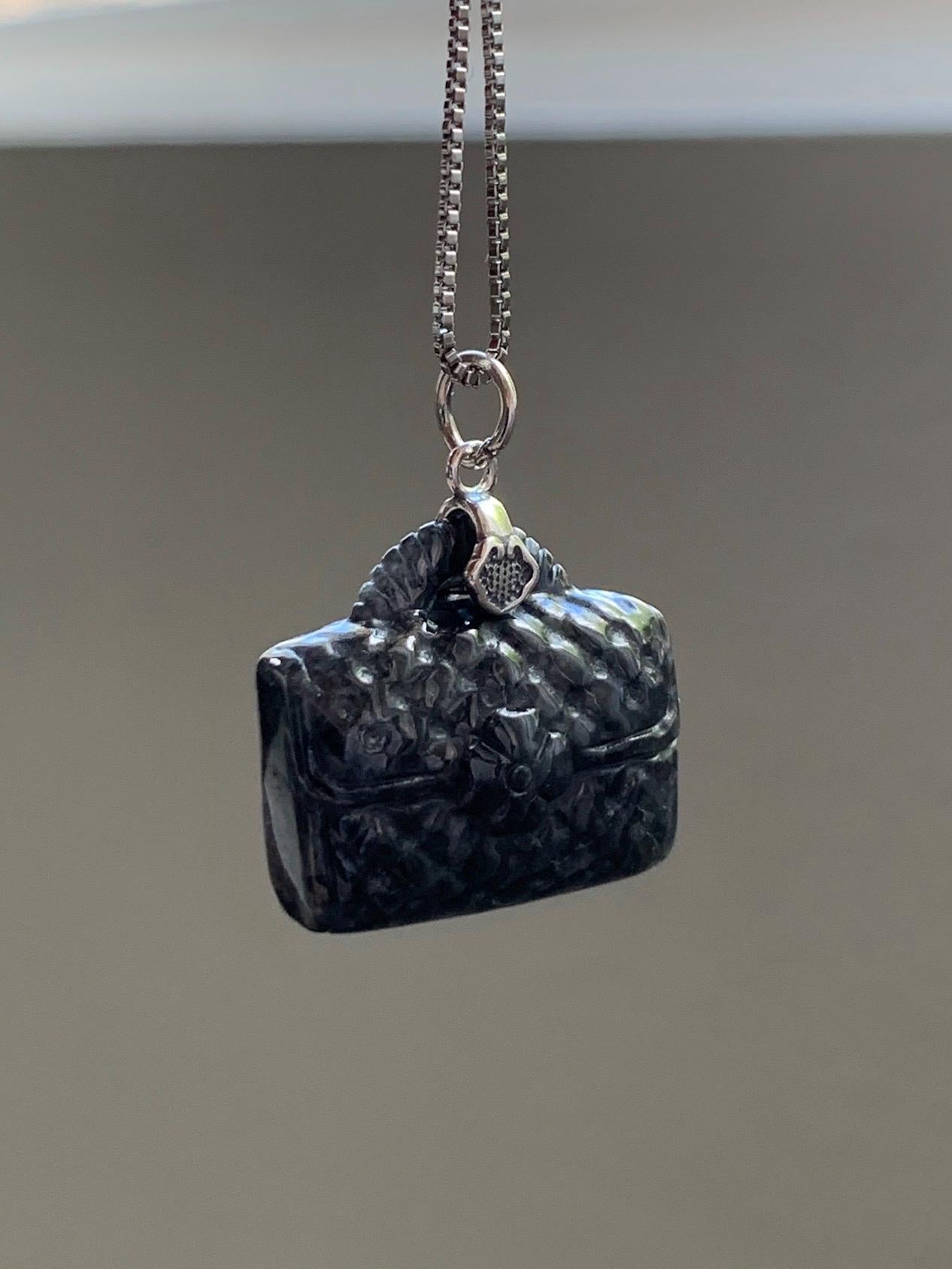 Natural Grade A Dark Wuji Jade Jadeite Carved Handbag Pendant Sterling Silver 7g 天然深色乌鸡翡翠包包银镶吊坠 MWJ70