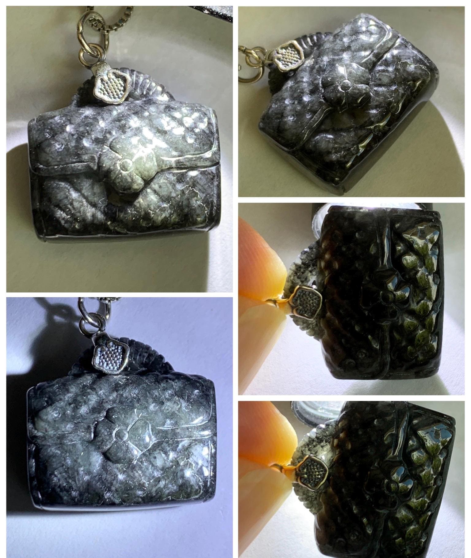 Natural Grade A Dark Wuji Jade Jadeite Carved Handbag Pendant Sterling Silver 7g 天然深色乌鸡翡翠包包银镶吊坠 MWJ70