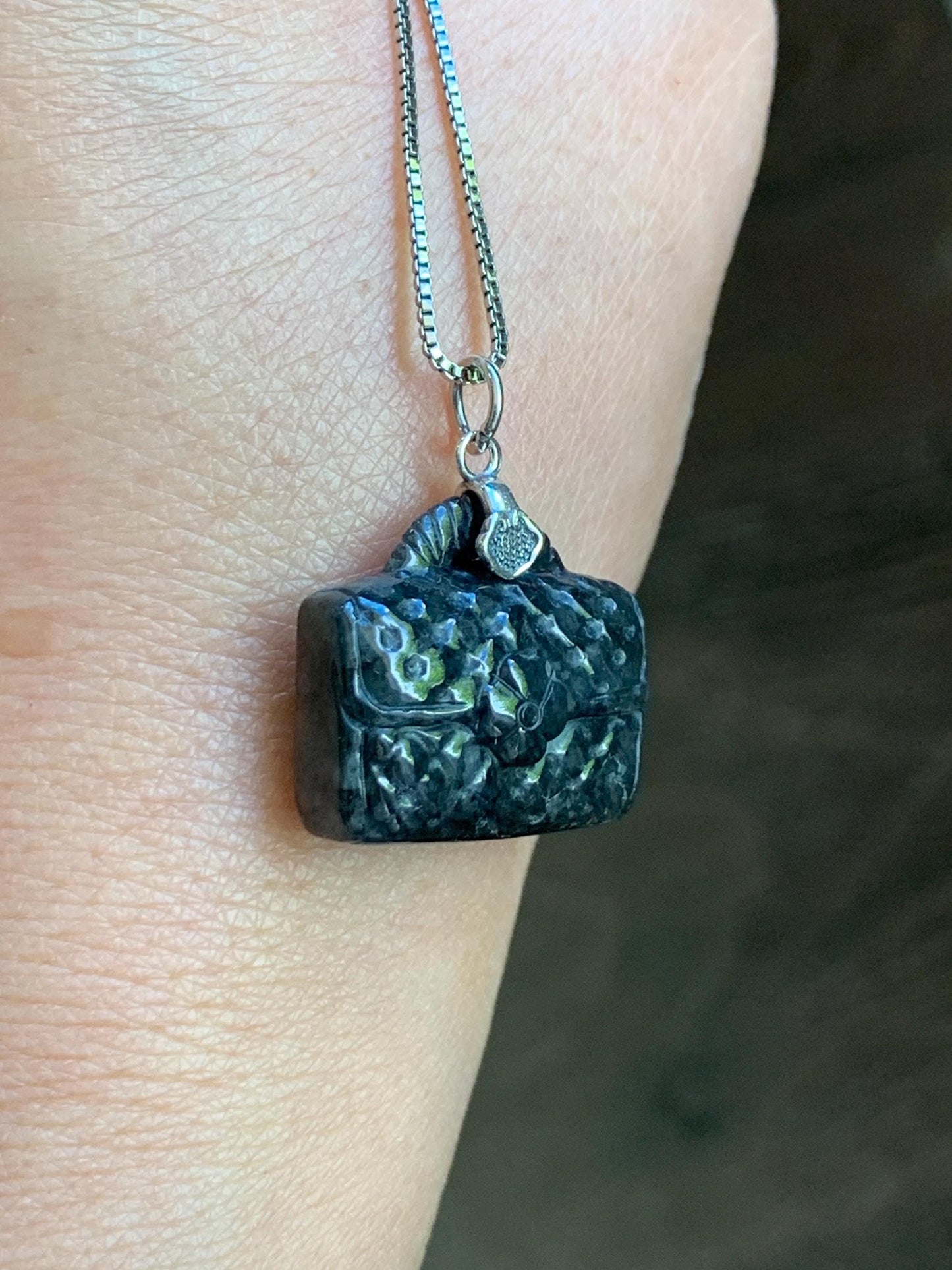 Natural Grade A Dark Wuji Jade Jadeite Carved Handbag Pendant Sterling Silver 7g 天然深色乌鸡翡翠包包银镶吊坠 MWJ70