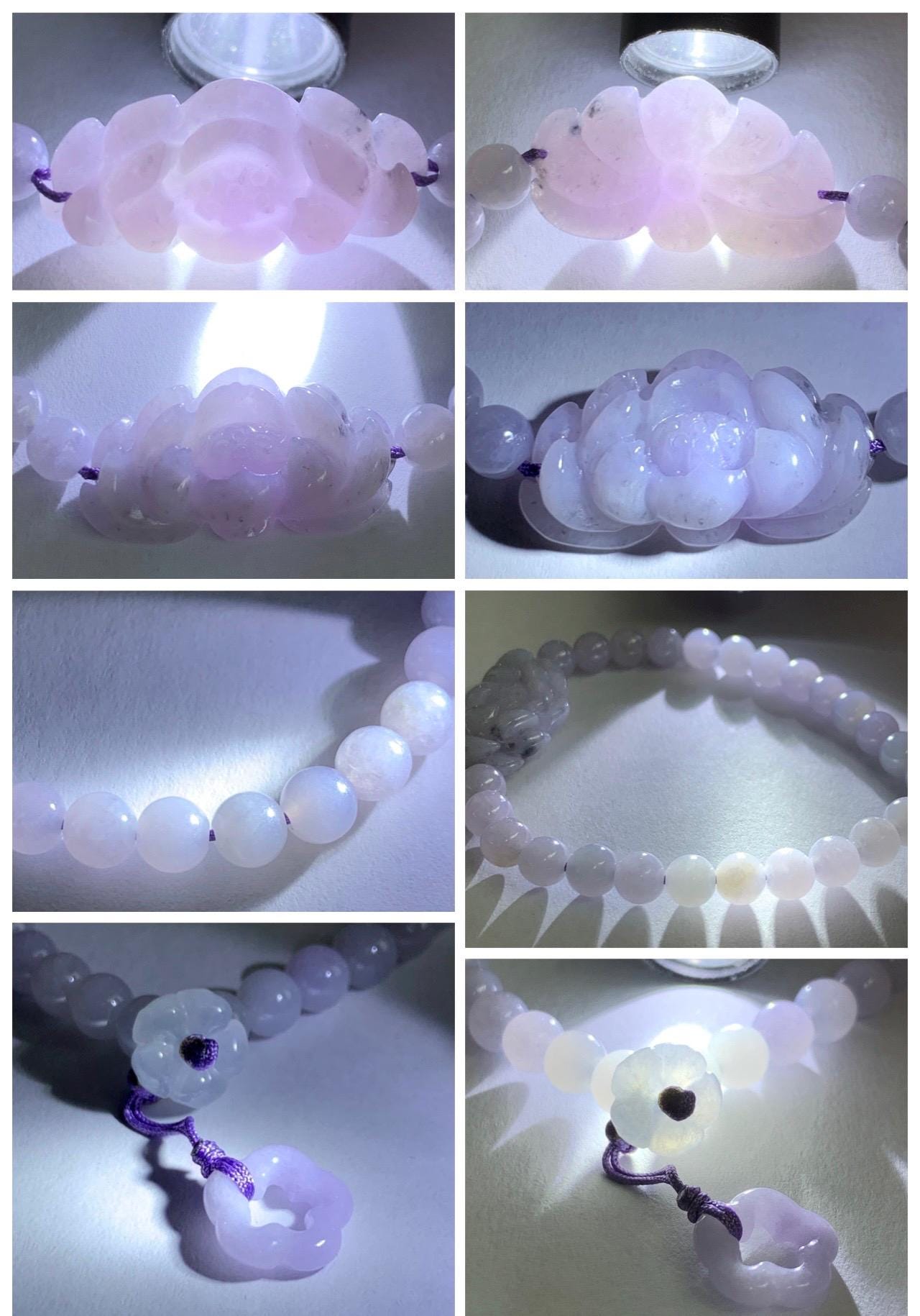 Natural Grade A Icy Translucent Pale Purple Wuji Marbled Jade Jadeite Lotus Flower & Beads Beaded Bracelet 6.75" 天然冰淡紫乌鸡翡翠莲花手串 MWZ295