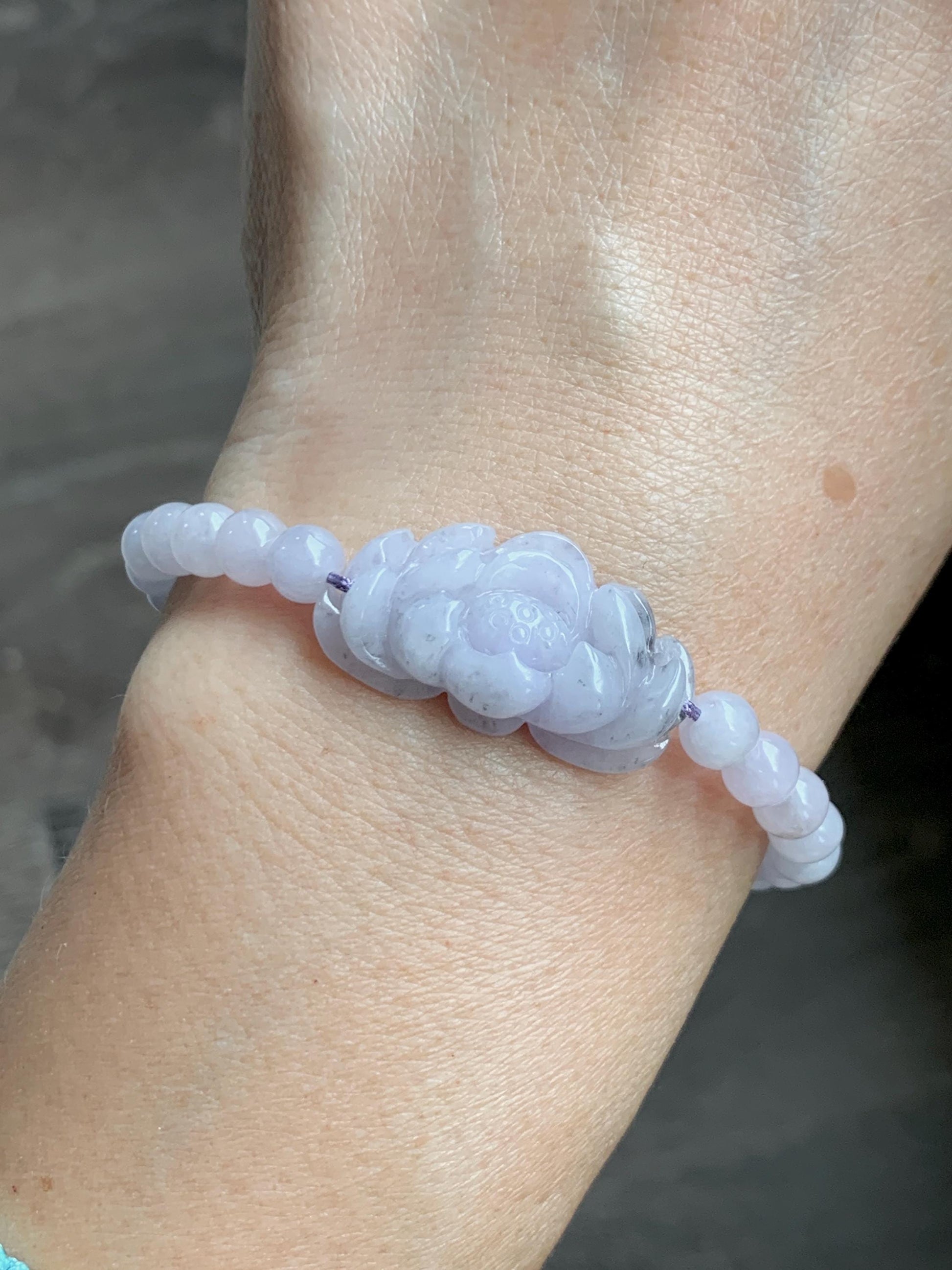 Natural Grade A Icy Translucent Pale Purple Wuji Marbled Jade Jadeite Lotus Flower & Beads Beaded Bracelet 6.75" 天然冰淡紫乌鸡翡翠莲花手串 MWZ295