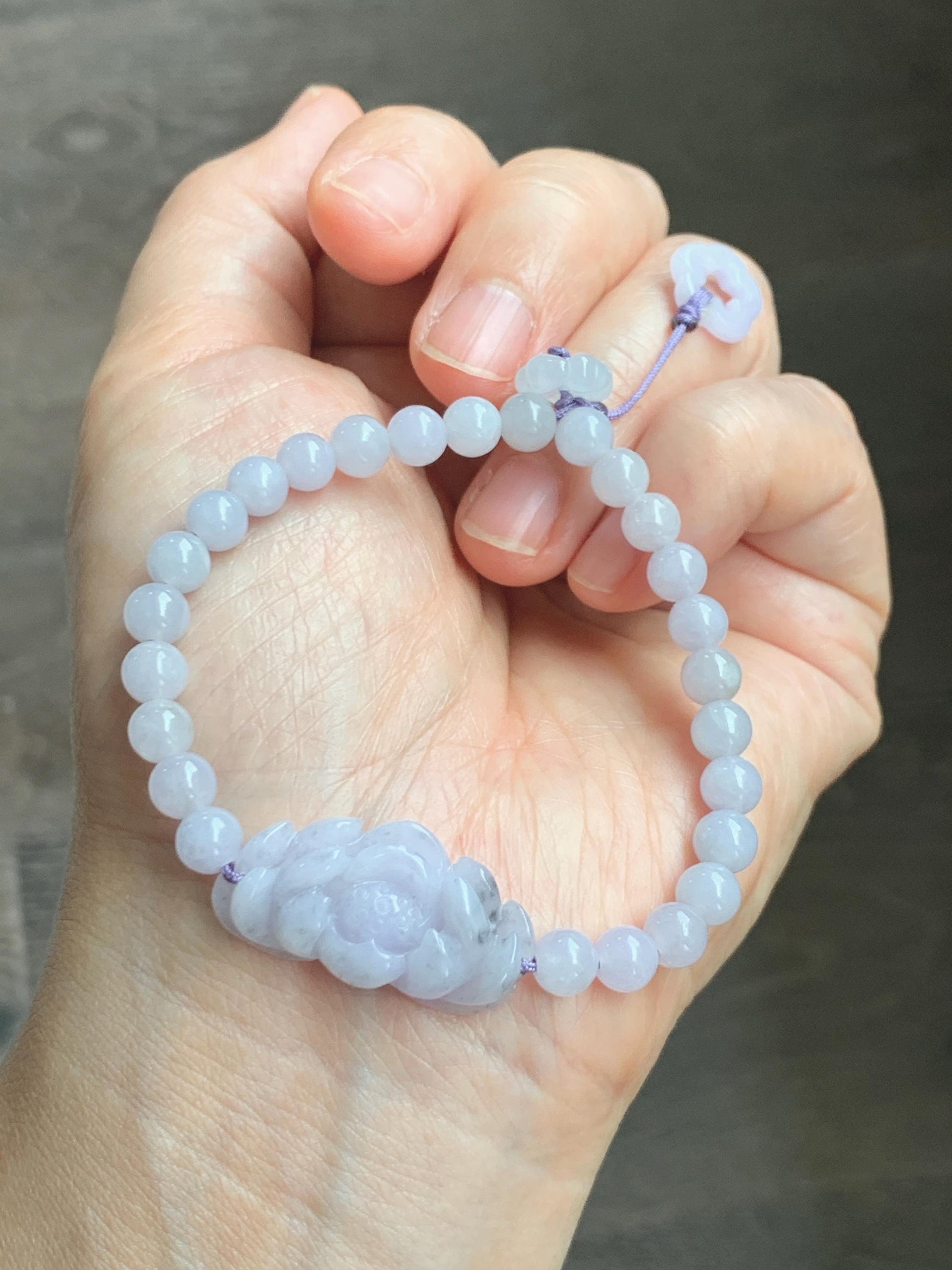 Natural Grade A Icy Translucent Pale Purple Wuji Marbled Jade Jadeite Lotus Flower & Beads Beaded Bracelet 6.75" 天然冰淡紫乌鸡翡翠莲花手串 MWZ295