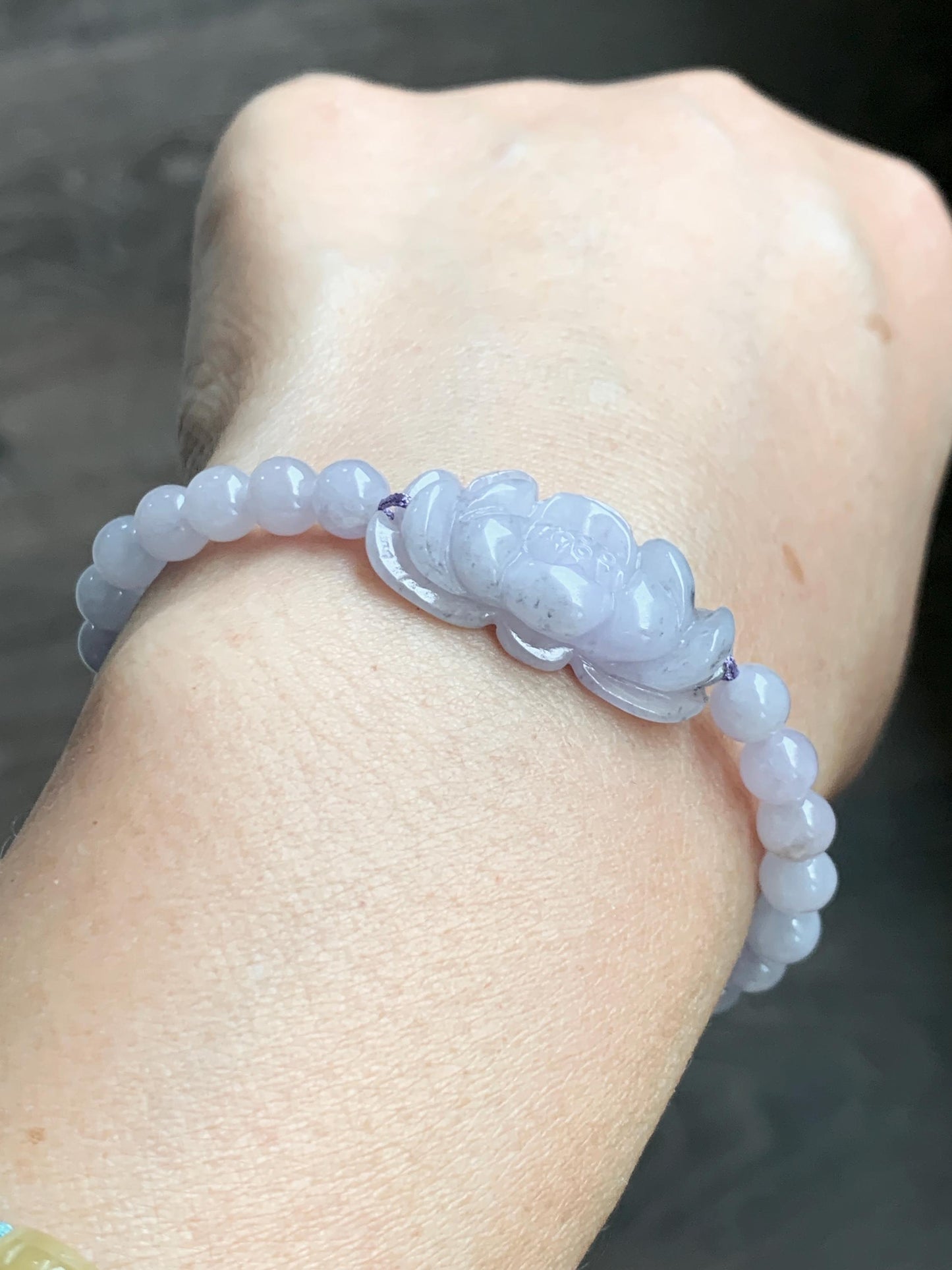 Natural Grade A Icy Translucent Pale Purple Wuji Marbled Jade Jadeite Lotus Flower & Beads Beaded Bracelet 6.75" 天然冰淡紫乌鸡翡翠莲花手串 MWZ295
