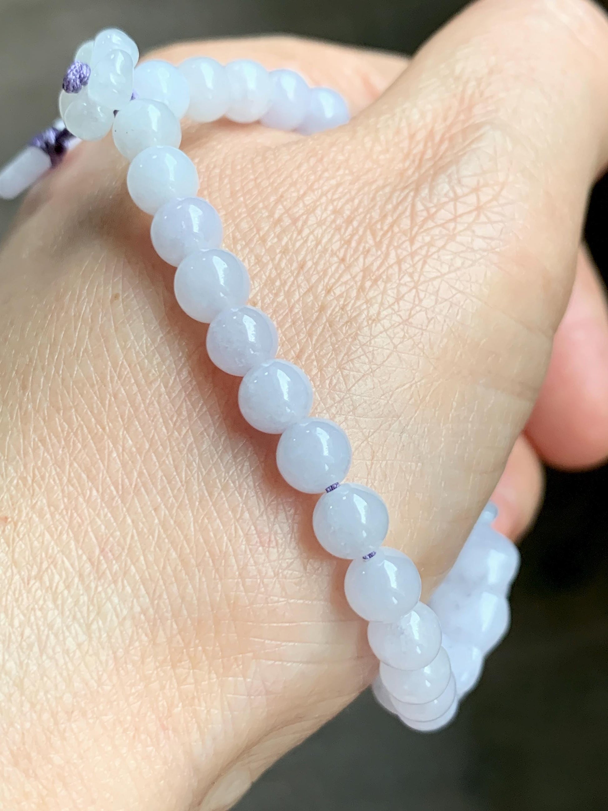 Natural Grade A Icy Translucent Pale Purple Wuji Marbled Jade Jadeite Lotus Flower & Beads Beaded Bracelet 6.75" 天然冰淡紫乌鸡翡翠莲花手串 MWZ295