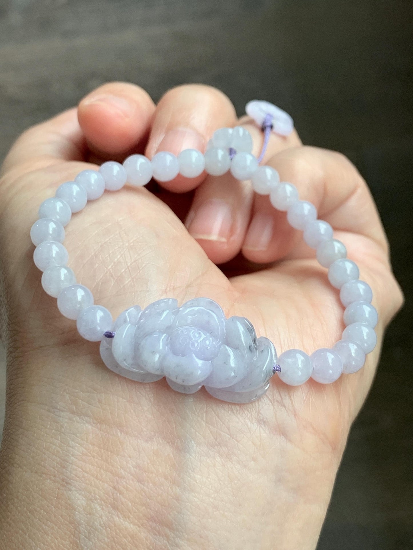 Natural Grade A Icy Translucent Pale Purple Wuji Marbled Jade Jadeite Lotus Flower & Beads Beaded Bracelet 6.75" 天然冰淡紫乌鸡翡翠莲花手串 MWZ295