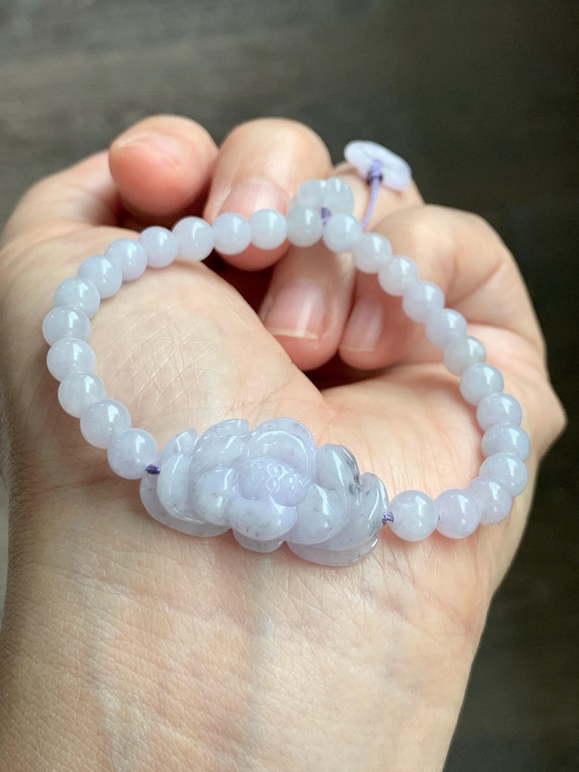 Natural Grade A Icy Translucent Pale Purple Wuji Marbled Jade Jadeite Lotus Flower & Beads Beaded Bracelet 6.75" 天然冰淡紫乌鸡翡翠莲花手串 MWZ295