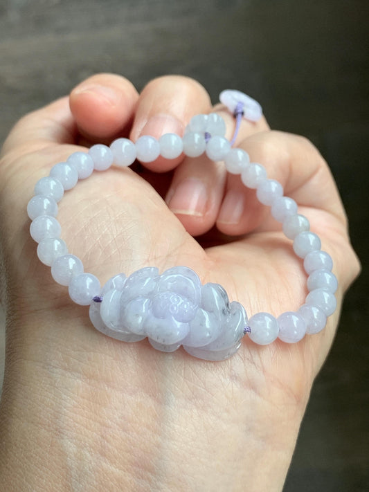 Natural Grade A Icy Translucent Pale Purple Wuji Marbled Jade Jadeite Lotus Flower & Beads Beaded Bracelet 6.75" 天然冰淡紫乌鸡翡翠莲花手串 MWZ295