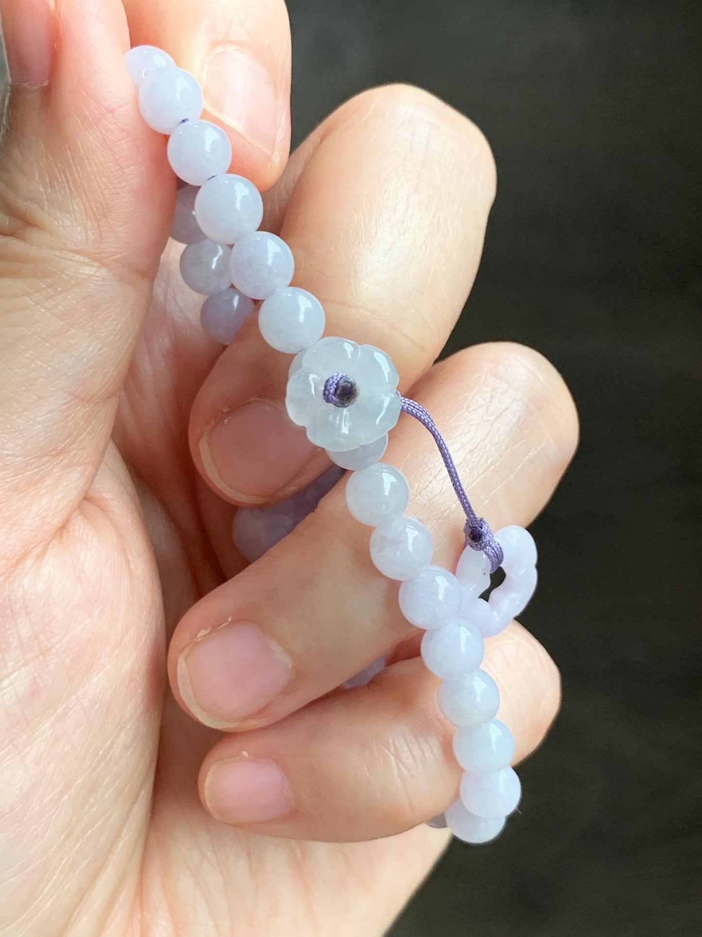 Natural Grade A Icy Translucent Pale Purple Wuji Marbled Jade Jadeite Lotus Flower & Beads Beaded Bracelet 6.75" 天然冰淡紫乌鸡翡翠莲花手串 MWZ295