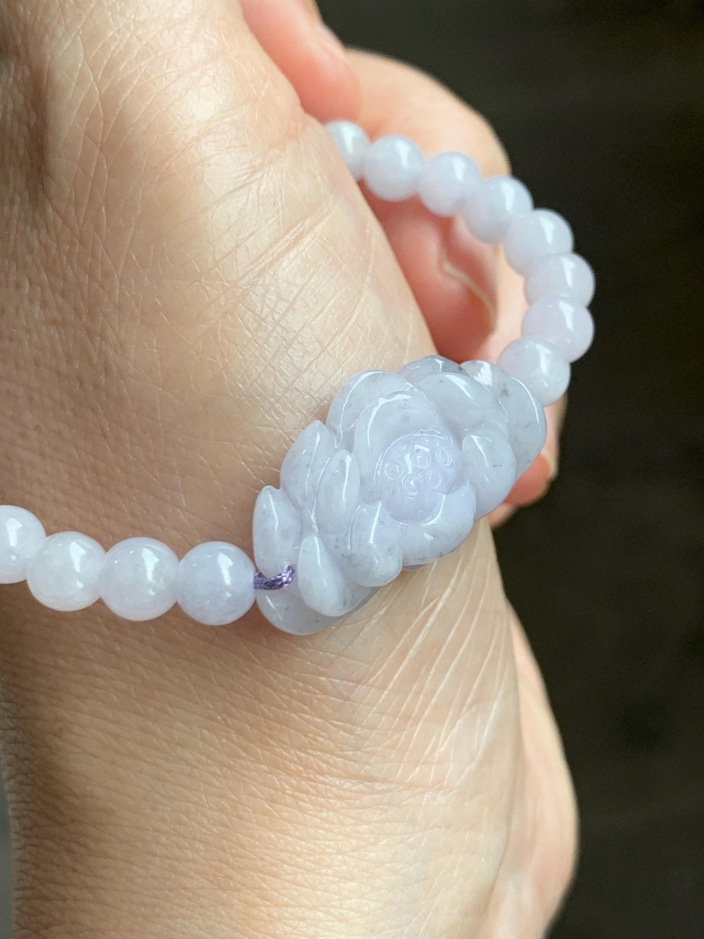 Natural Grade A Icy Translucent Pale Purple Wuji Marbled Jade Jadeite Lotus Flower & Beads Beaded Bracelet 6.75" 天然冰淡紫乌鸡翡翠莲花手串 MWZ295