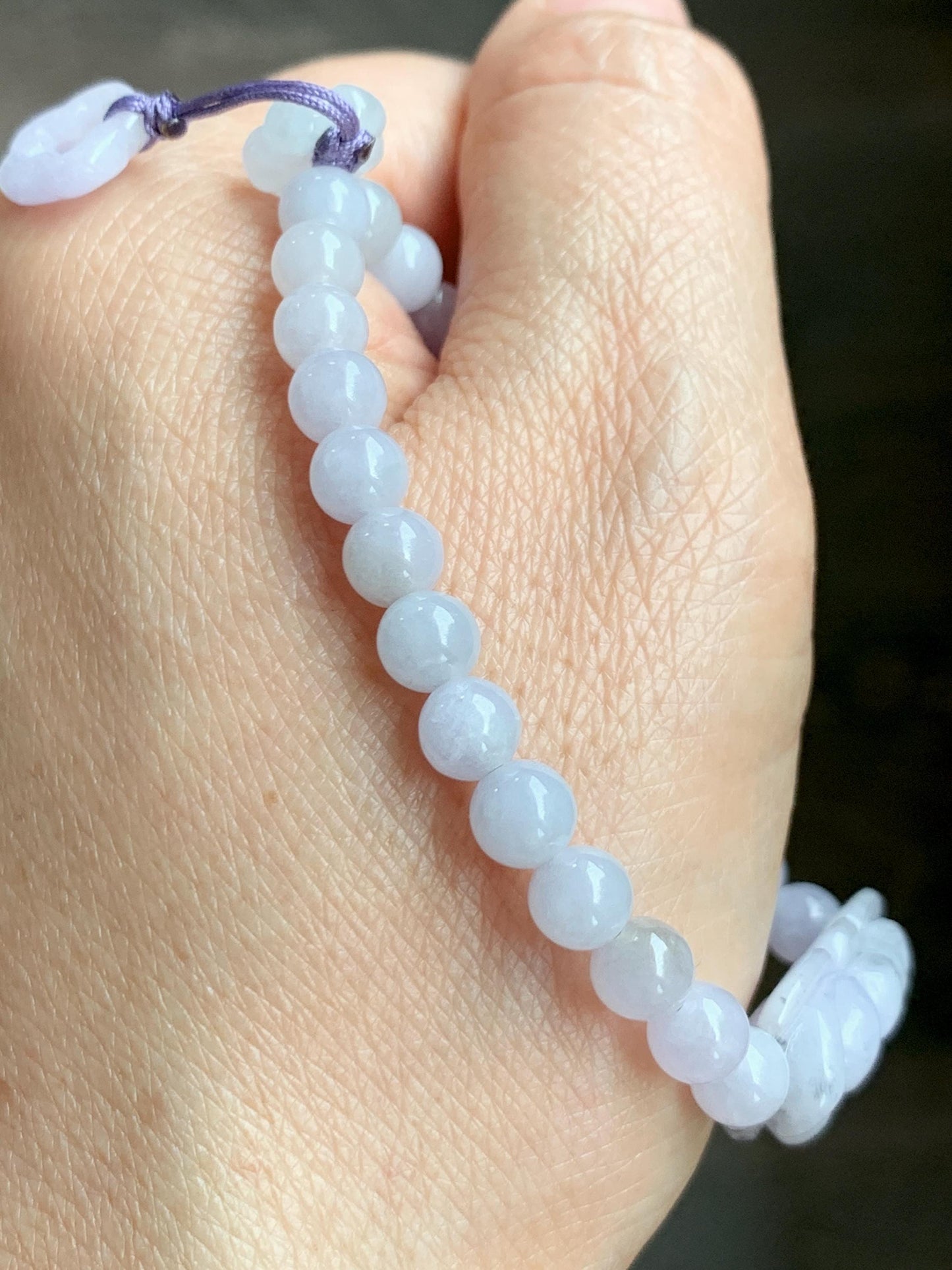 Natural Grade A Icy Translucent Pale Purple Wuji Marbled Jade Jadeite Lotus Flower & Beads Beaded Bracelet 6.75" 天然冰淡紫乌鸡翡翠莲花手串 MWZ295
