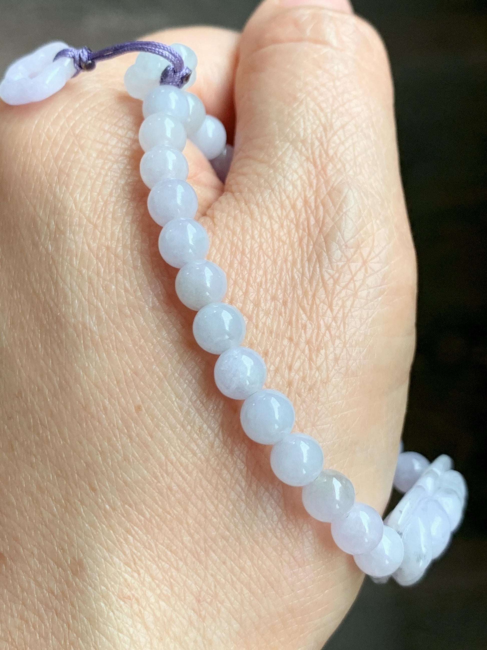 Natural Grade A Icy Translucent Pale Purple Wuji Marbled Jade Jadeite Lotus Flower & Beads Beaded Bracelet 6.75" 天然冰淡紫乌鸡翡翠莲花手串 MWZ295