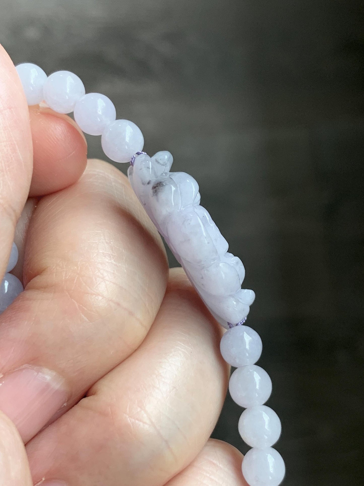 Natural Grade A Icy Translucent Pale Purple Wuji Marbled Jade Jadeite Lotus Flower & Beads Beaded Bracelet 6.75" 天然冰淡紫乌鸡翡翠莲花手串 MWZ295