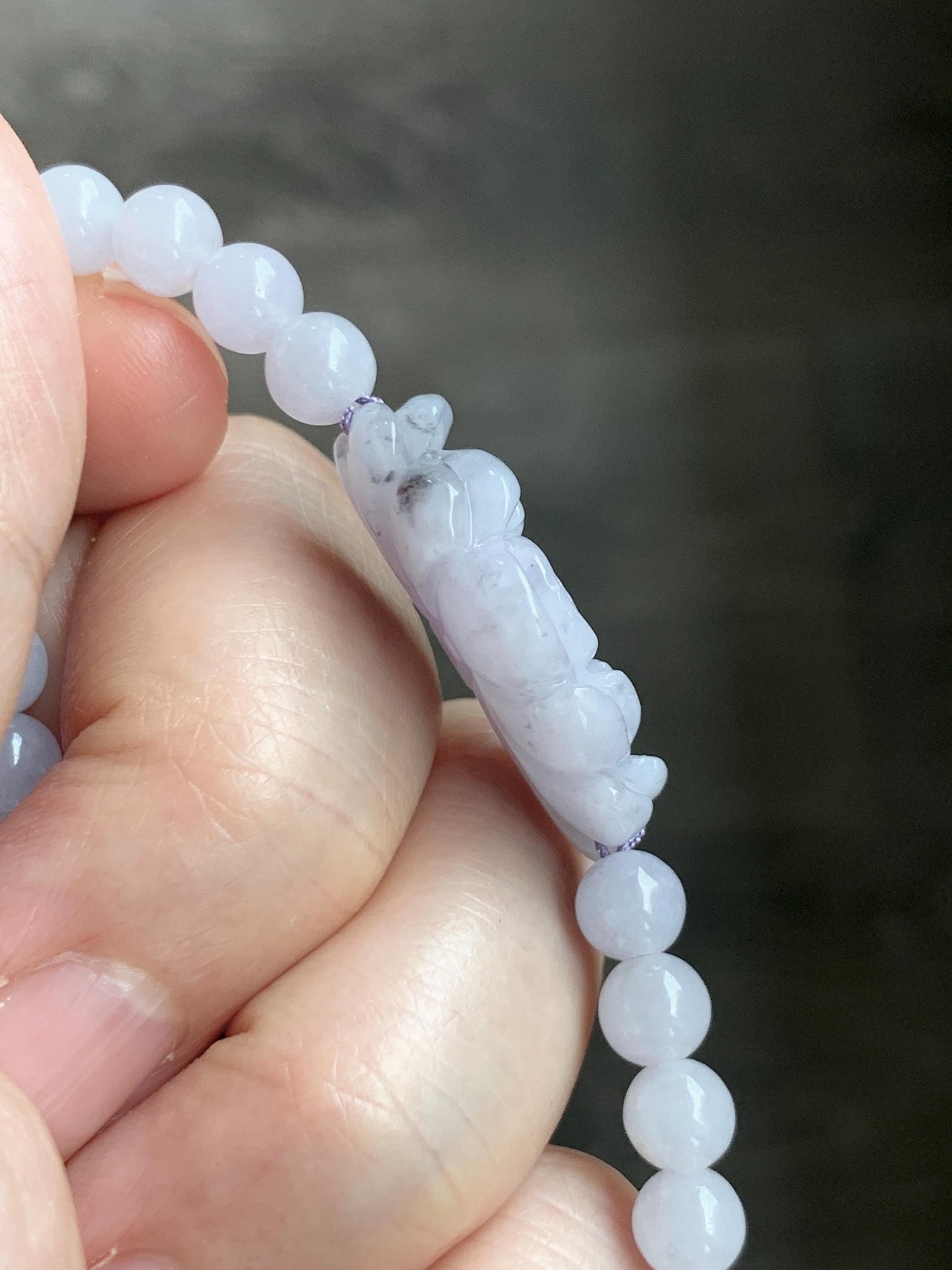 Natural Grade A Icy Translucent Pale Purple Wuji Marbled Jade Jadeite Lotus Flower & Beads Beaded Bracelet 6.75" 天然冰淡紫乌鸡翡翠莲花手串 MWZ295